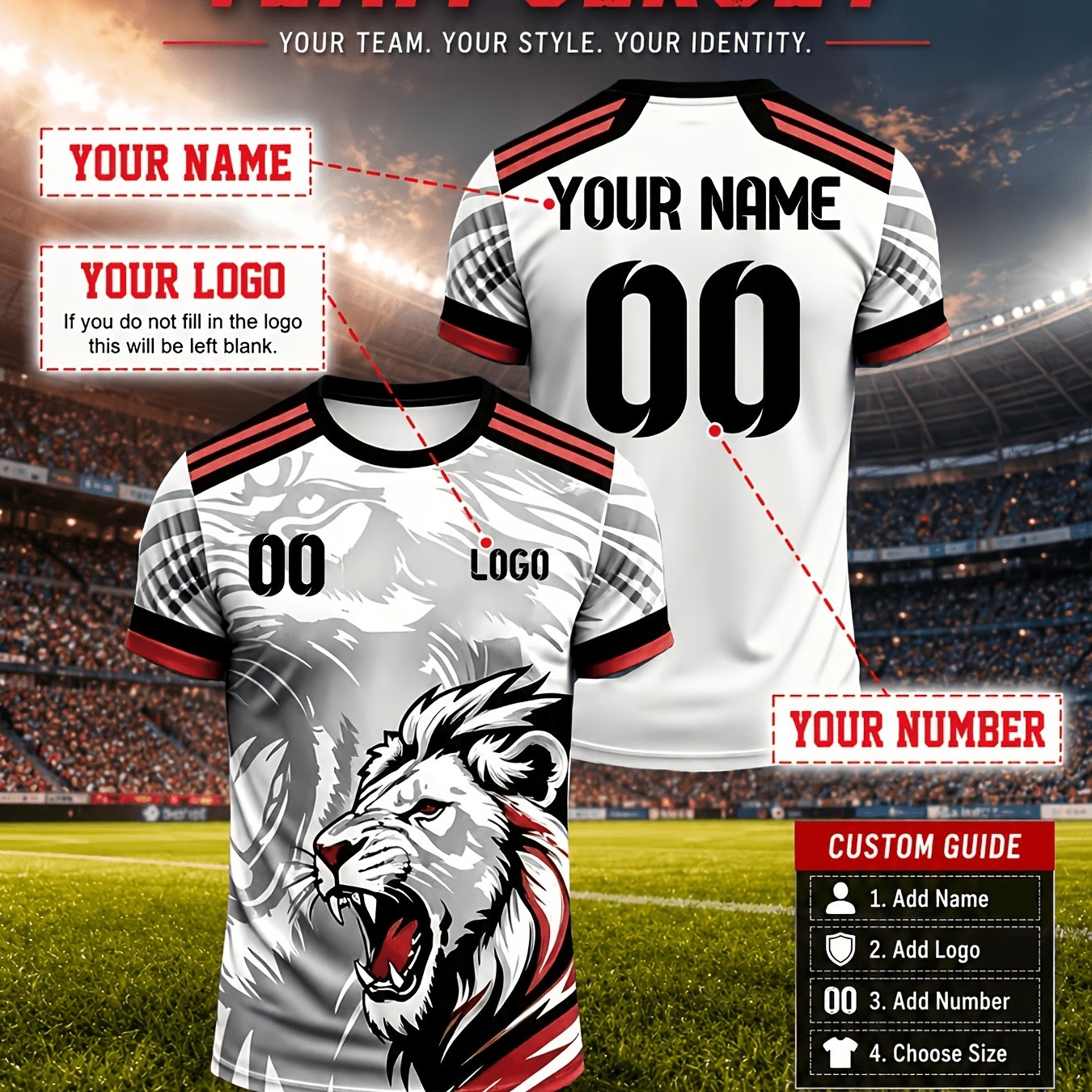 TEMU Men's Custom Football Jersey With Personalized Name & Number - Lion Print Short-sleeve T-shirt, Breathable Crew Neck Suitable For Sports,