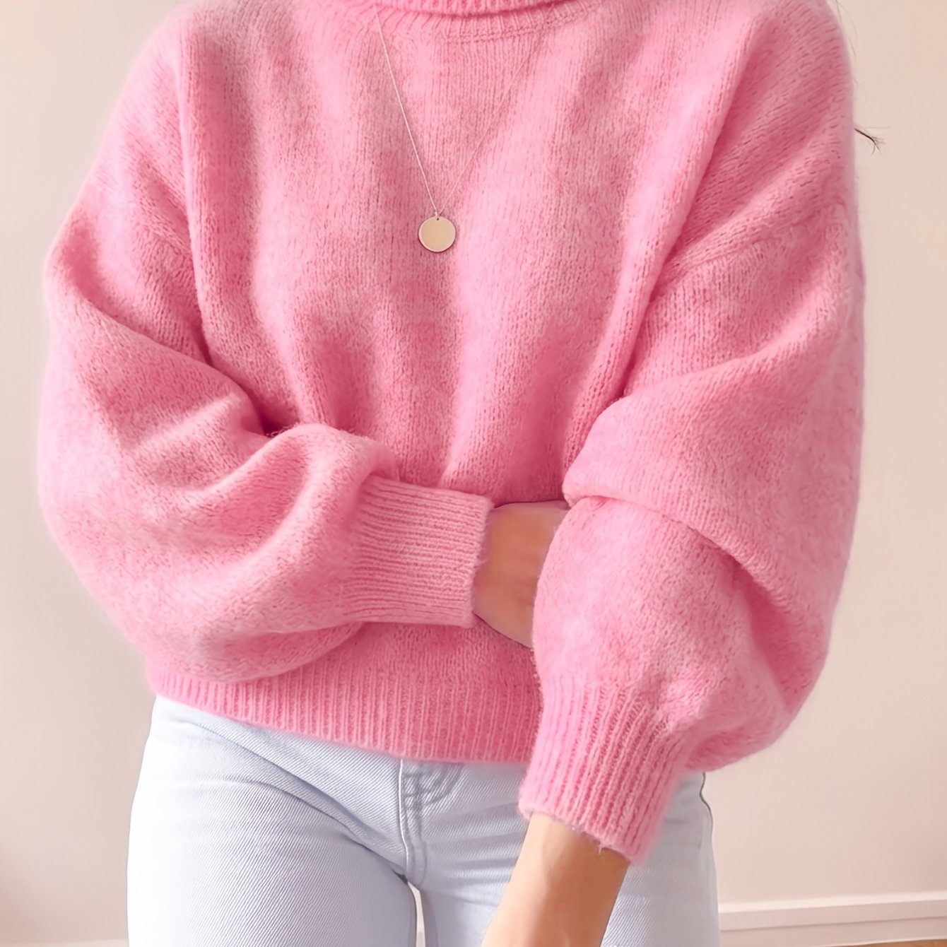 TEMU Pull à col montant, manches lanternes et épaules dénudées, tissu de haute qualité doux et confortable, coupe ample. Design élégant adapté à et à