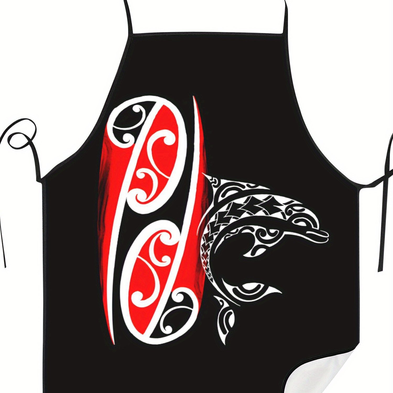 TEMU Maori Dolphin Art Adjustable Cooking Apron - Black With Vibrant Pattern, Soft Woven Fabric, Home & Kitchen Use, Kitchen Apron|cultural