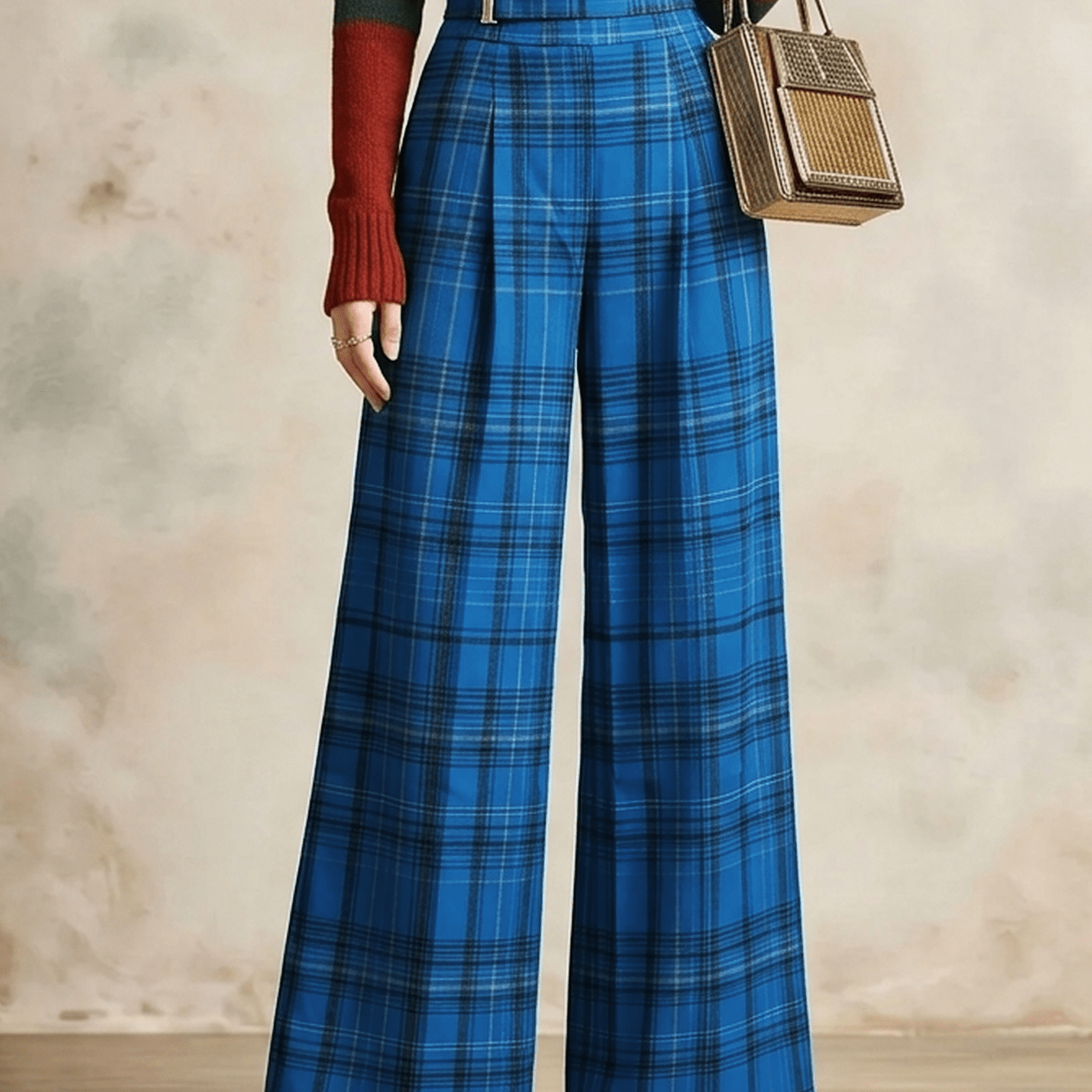 TEMU Plaid Color-block Pants Set For Women | Fashionable And Stylish Design, Suitable For Everyday And Creative Occasions