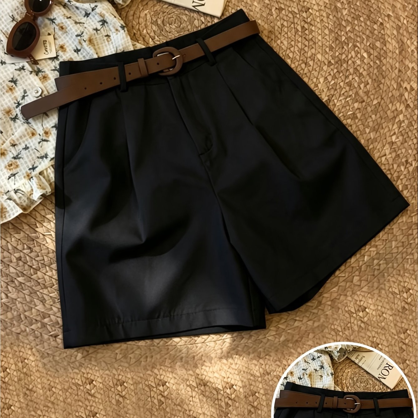 TEMU Women' Color Elegant Loose Shorts Yt - Slant For Phone And Keys, White Women's Apparel, Suitable For , Smooth Texture, Ideal For Daily Wear,