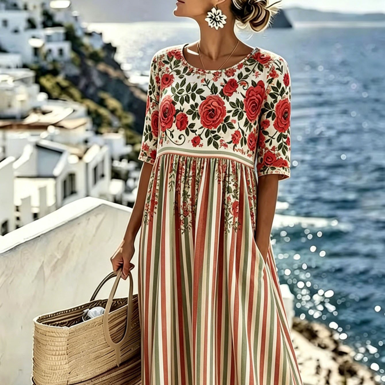Image of Plus Size, Dress For Women, Country Floral Spliced Tiered Dress, Round Neck Half Sleeve Flowy Midi Dress, Rose Print & Color Vertical Stripes, Romantic Outfit For Summer Seaside Vacation