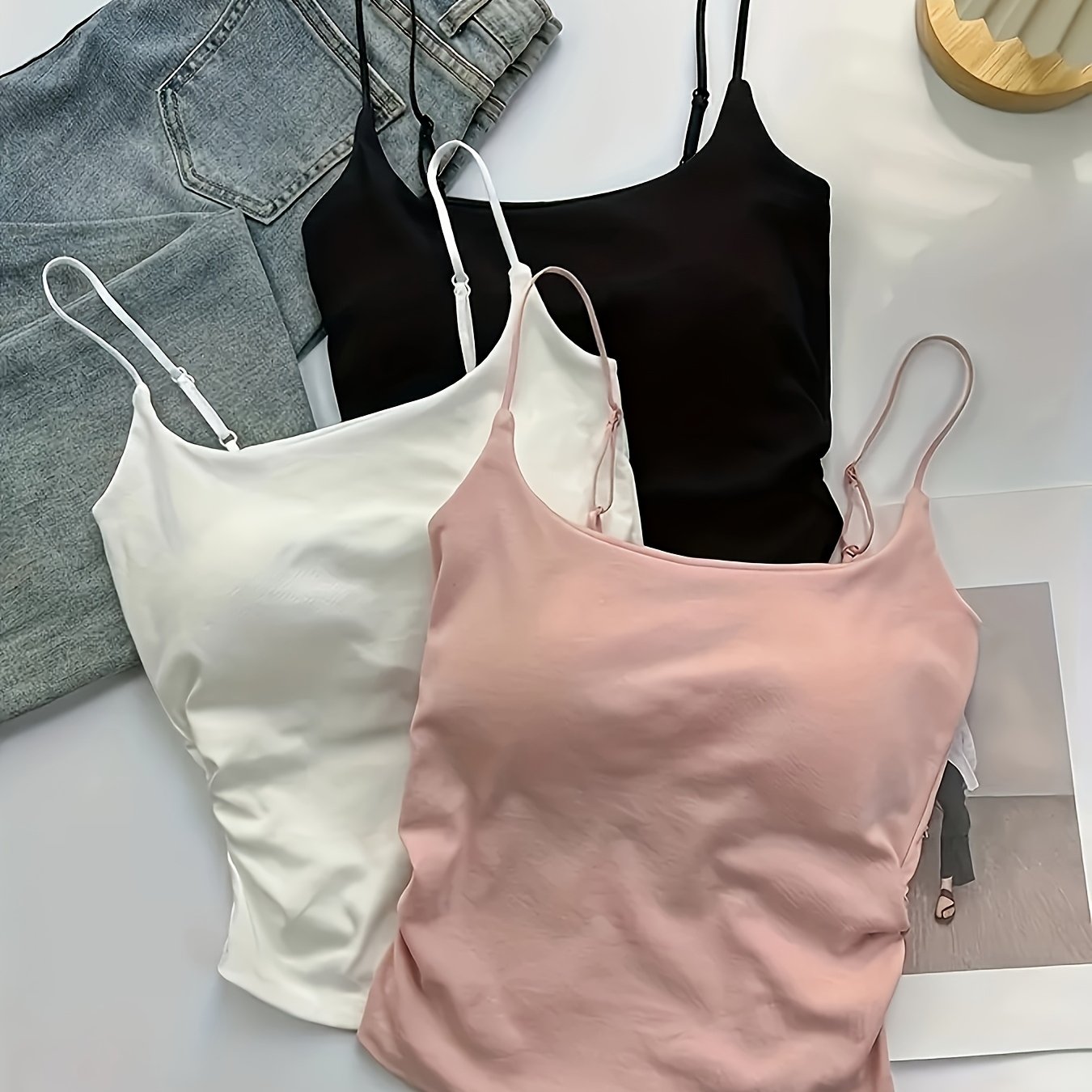 Image of 3pcs Women's Chic Ruched Camisole Tops - Versatile And Comfortable With Built-in Bra Padding, In White, Black, And Pink, Perfect For Layering Or Wearing Alone