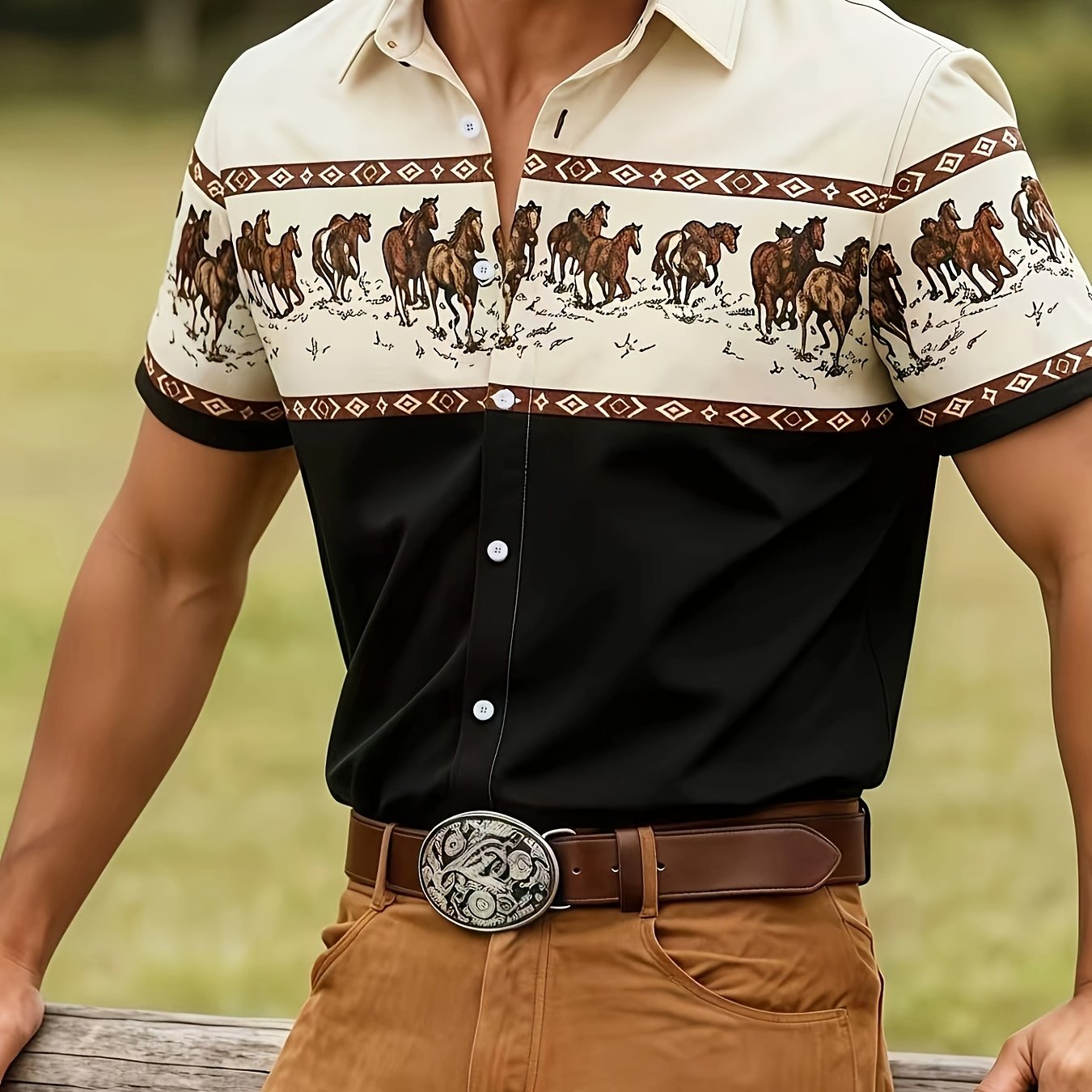 TEMU Men's Short-sleeve Shirt Featuring A Horse Print, With A Contrast-color Vintage Ethnic Design. A Breathable Casual Summer Shirt With A Lapel