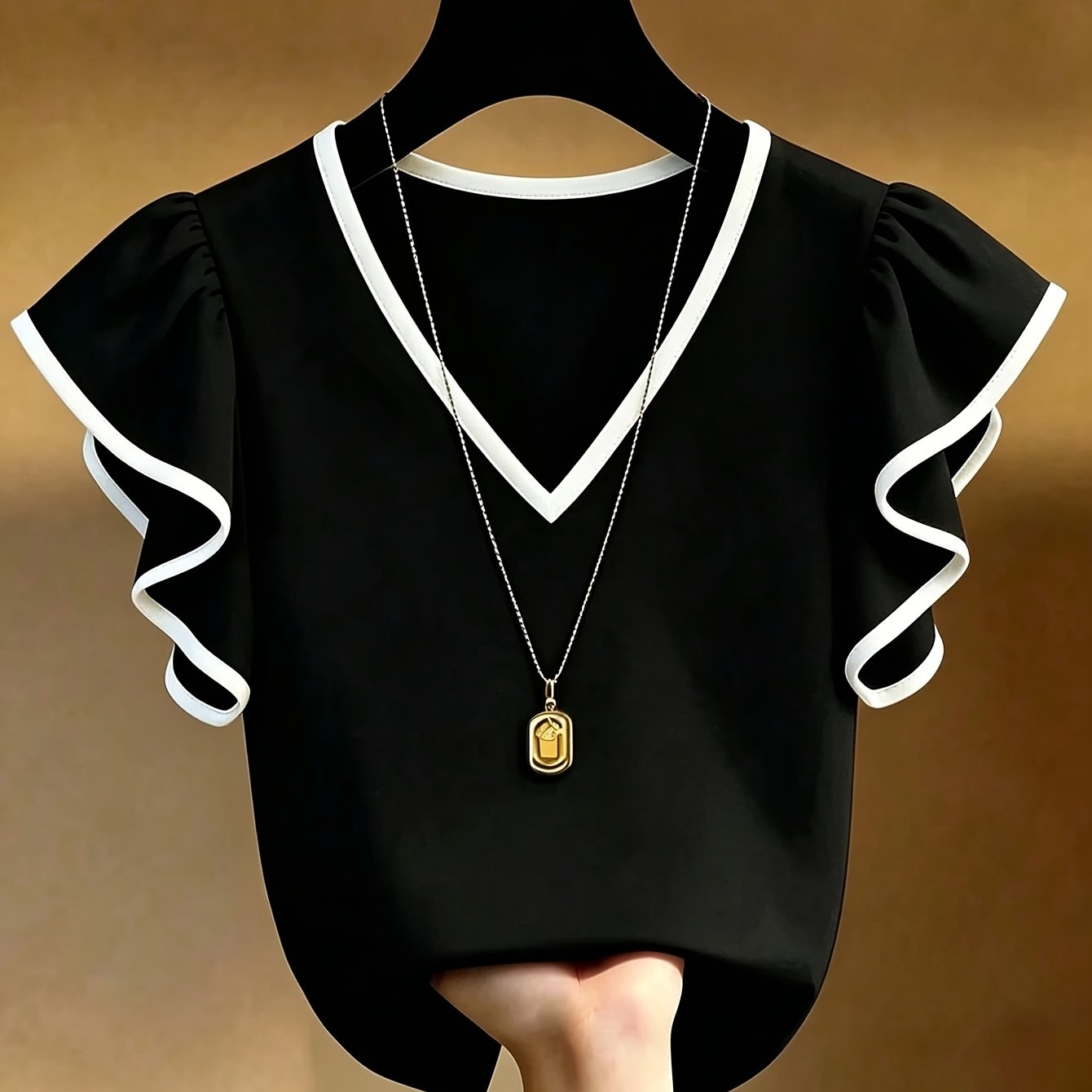 TEMU French V-neck Black And White Contrast Short Sleeve Top, Women's Summer New Commute Essential Elegant Blouse