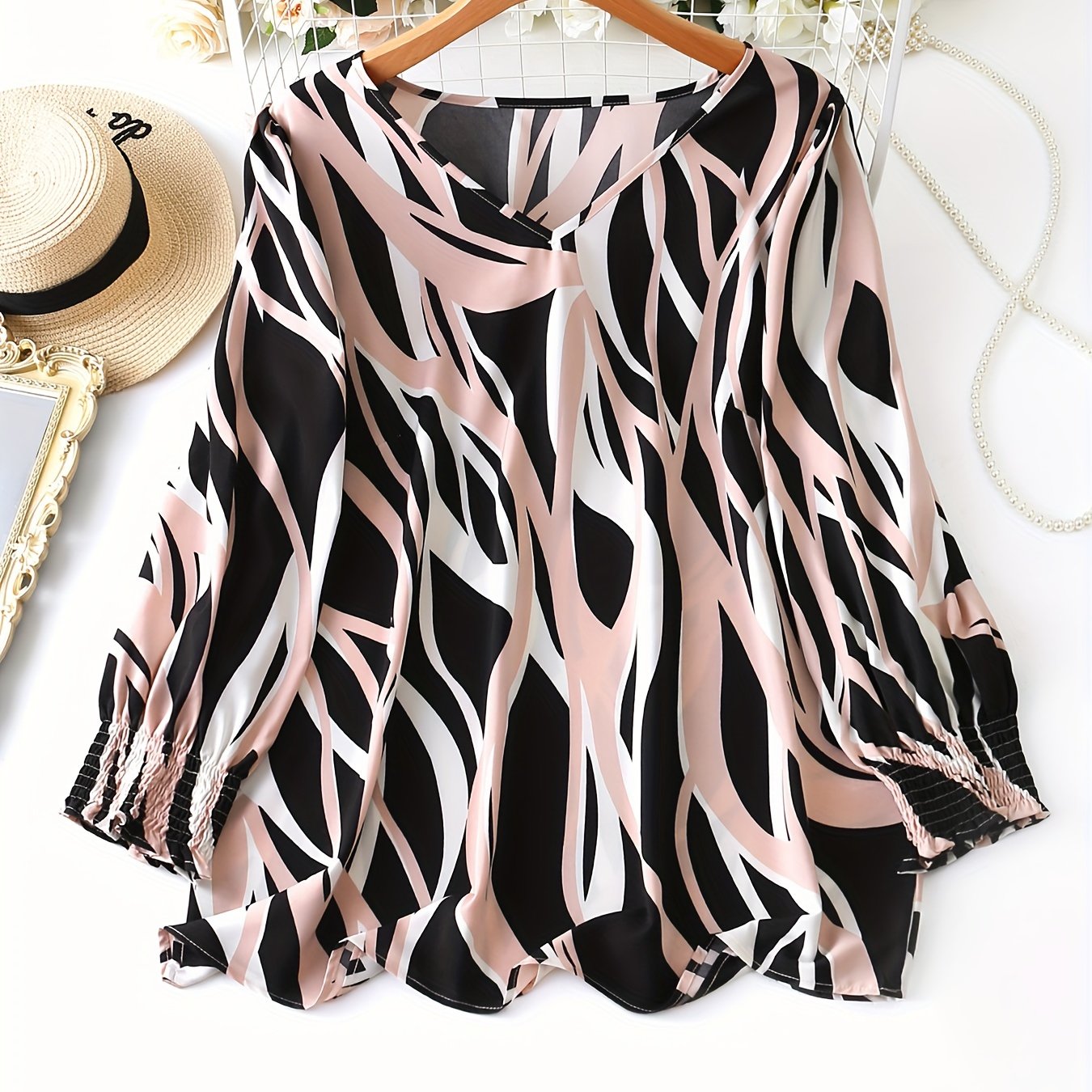 Plus Size - Plus Size - Plus Size Women's Top Long Sleeve Printed Cuffs Loose Elegant Style Women's Top