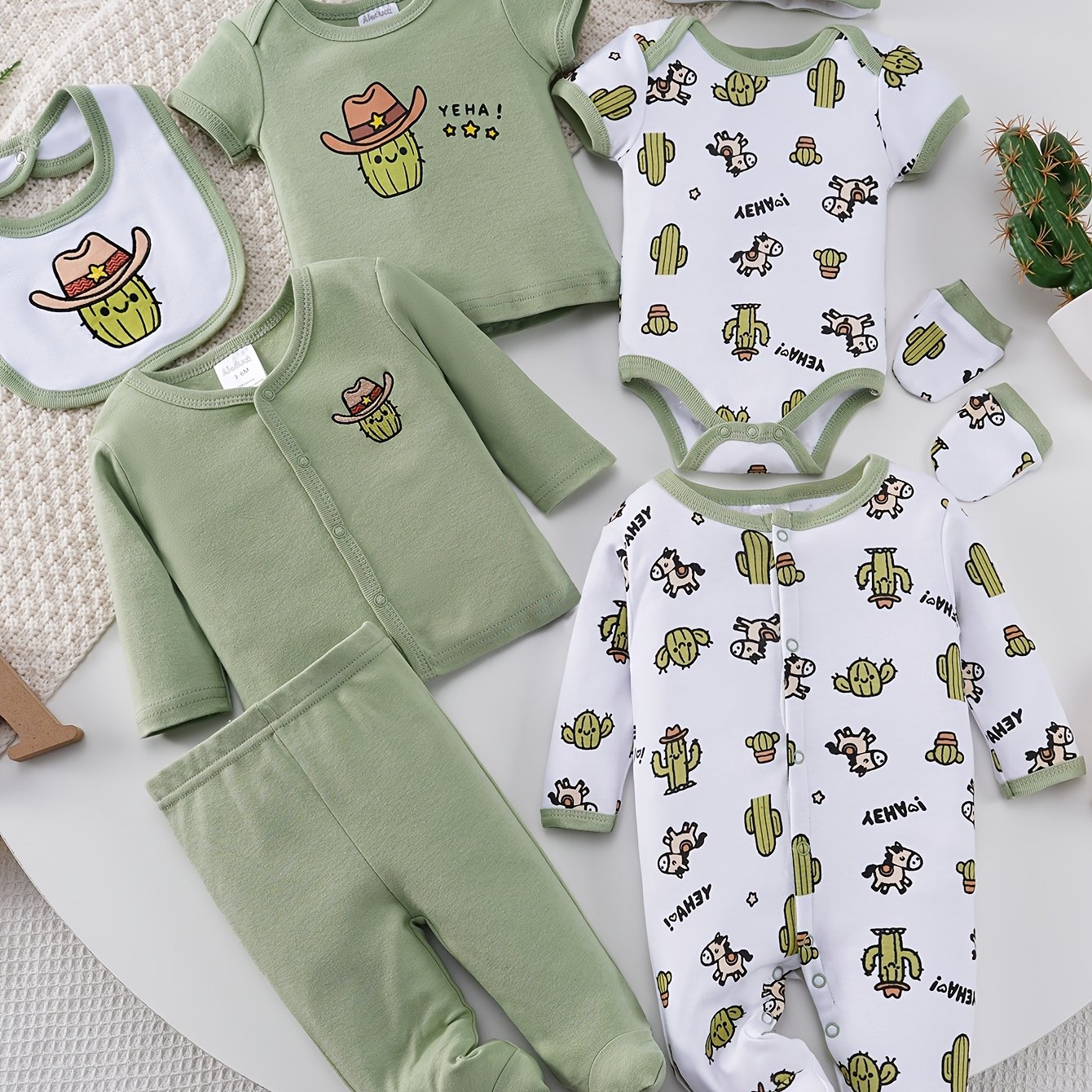 Image of 8pcs Set For Baby Boys, Spring/summer Collection: Comfortable And Soft Cartoon Print & Outfit With Long Crawling Suit, Hat, Bib, , Pants, Jacket, Top, And Triangle Romper, Perfect For Outdoor