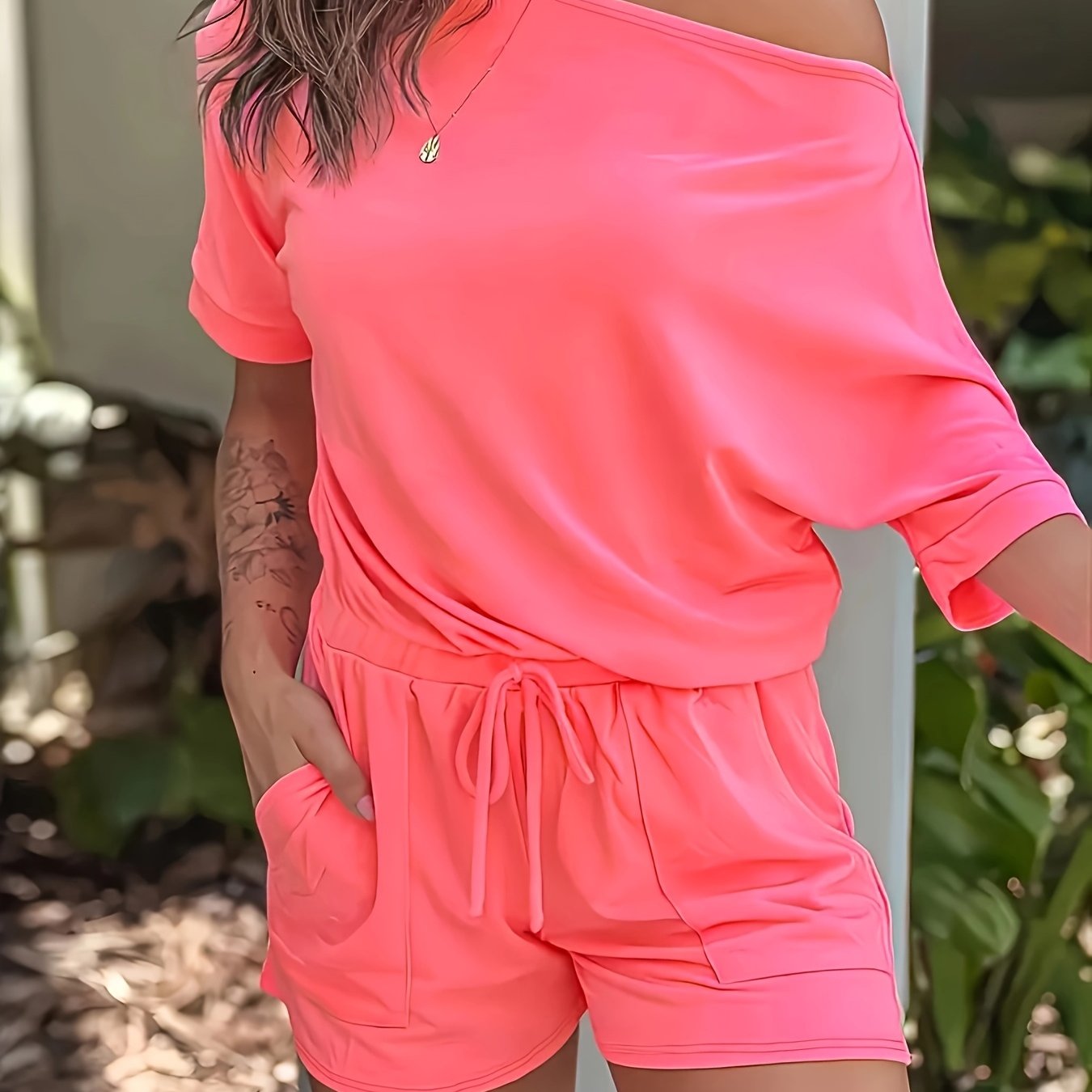 Women's Casual Wear Shoulder Top And Drawstring Shorts Set - Stretch Polyester Blend, Machine Washable