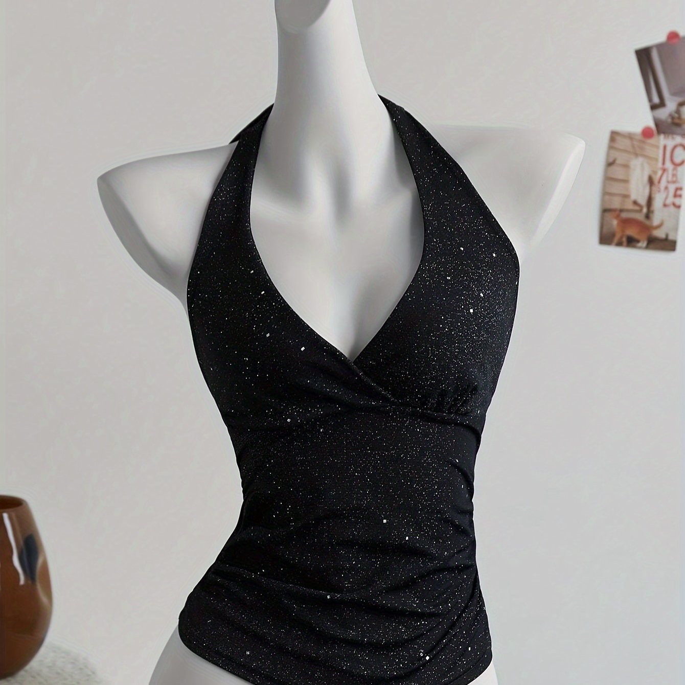Elegant Black Halter Neck Backless Top with Glittery Cross-Back Design - Sleeveless Ruched Summer Blouse for Women, Hand Wash or Dry Clean, Sleeveless Blouse, Evening Wear, Party Attire, Sleek Finish, Easycare Fabric