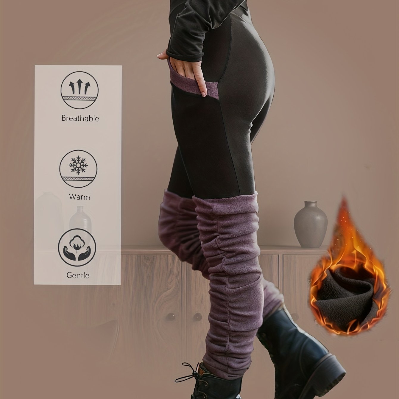 TEMU Autumn Winter Contrast Color Over-the-knee Socks, Fashion Yoga Pants, Thin Fleece Wilderness Style Athletic Trousers, Suitable For Running,