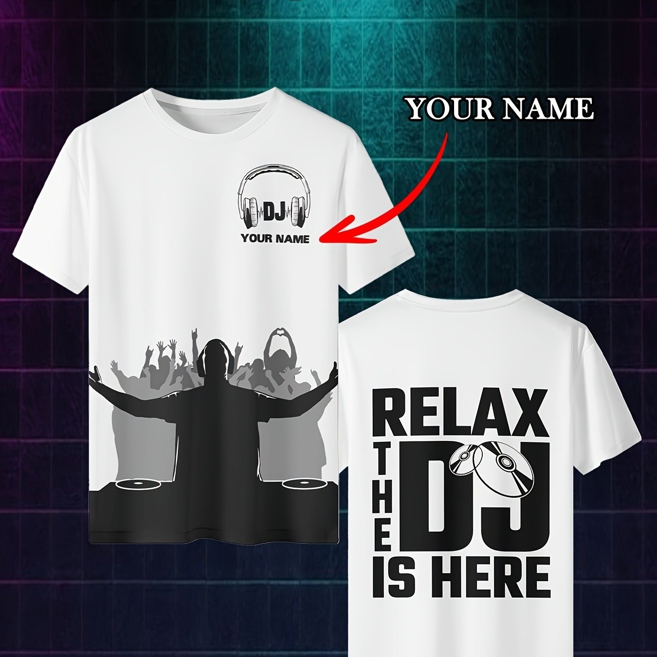 TEMU Men's Fashion Round Neck Short Sleeve T-shirt For Spring/summer, , Customizable Left Chest Name, Dj White Short Sleeve Tee, Front And Back