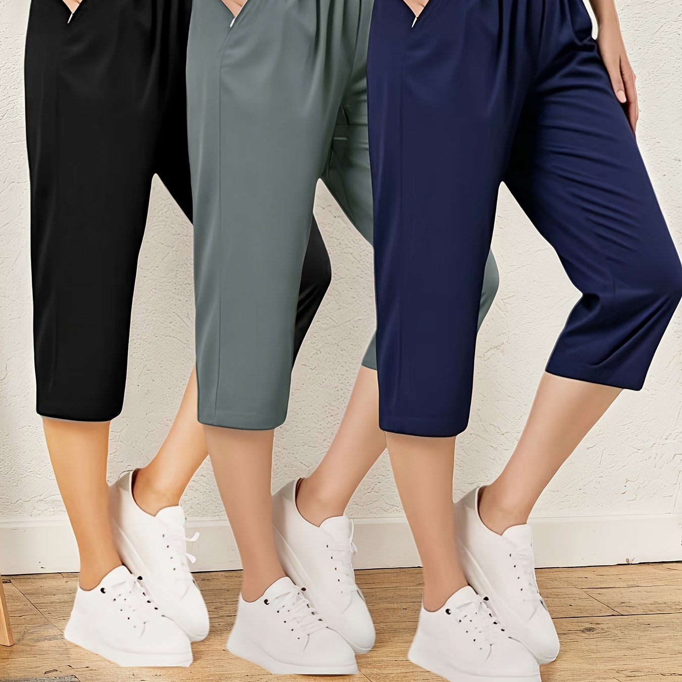 E-shop Damen 3-teiliges Knöchelshorts-Set, lässige Caprihose. Hosen für Frühling, Sommer und Herbst. Einfarbige, elastische Bund, lässige Home- und