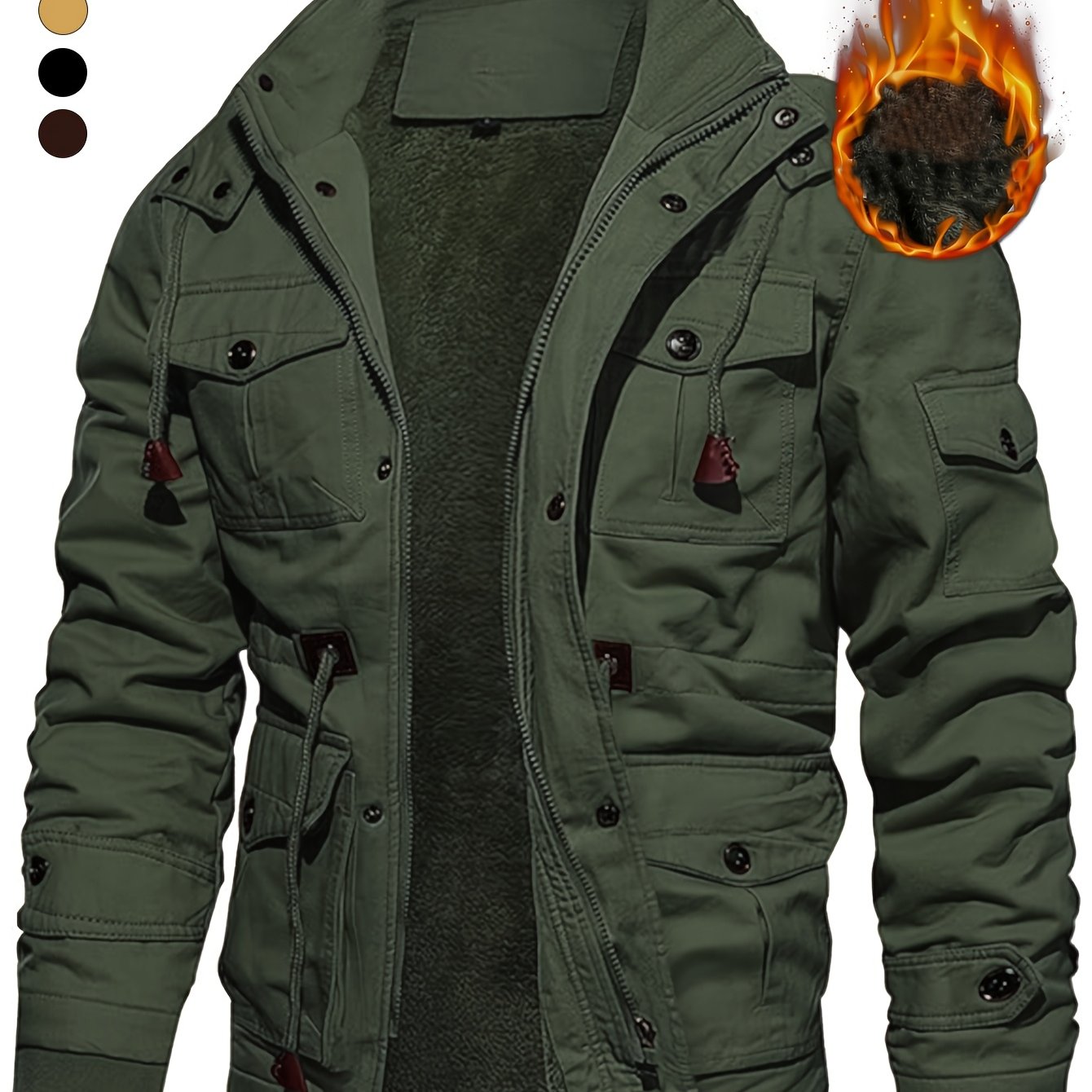 TEMU Chaqueta gruesa de media para hombre con capucha, estilo parka, y cortavientos para invierno, cierre de cremallera, múltiples bolsillos, ideal