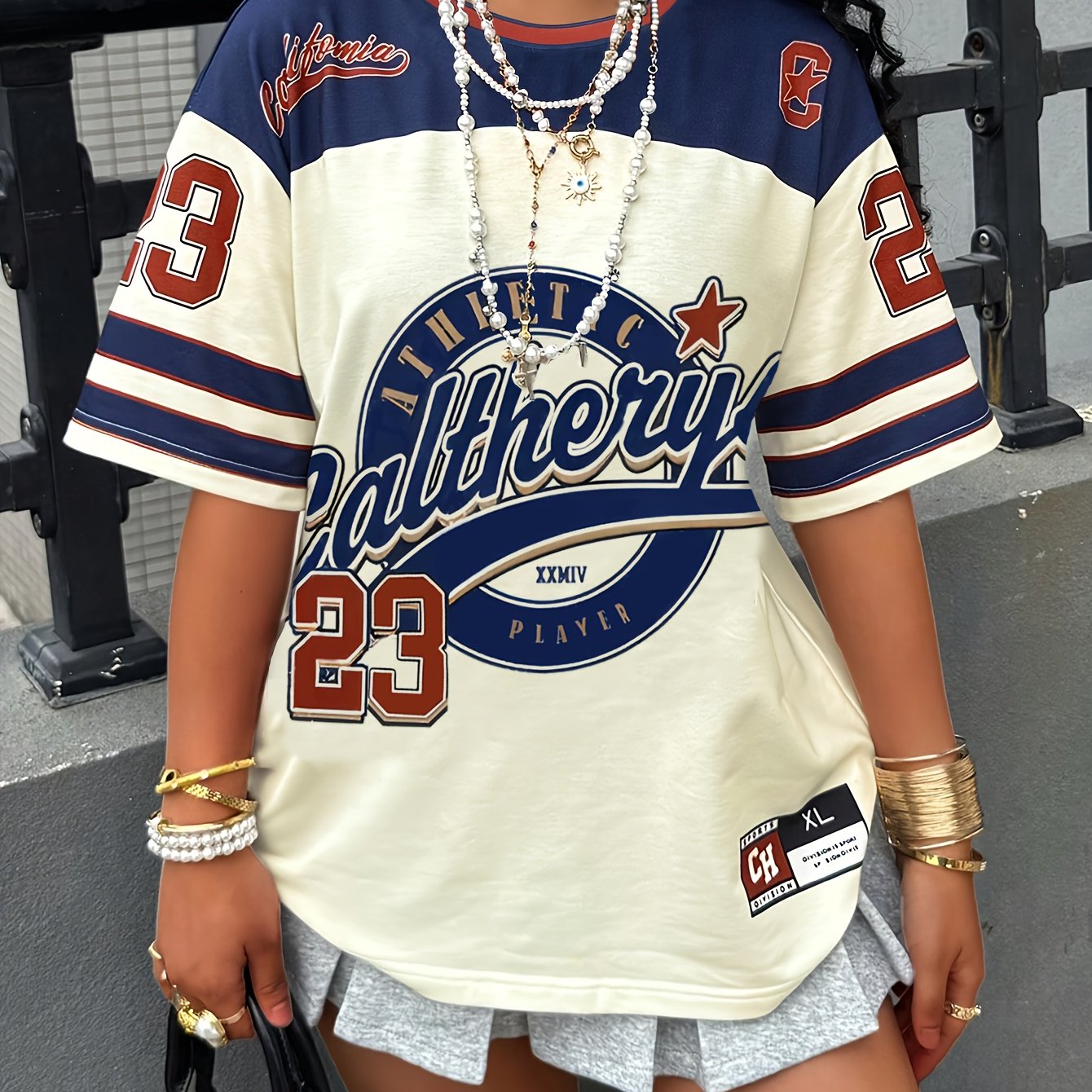 TEMU Plus Size - Plus Size - Favorite Of Plus-size Fashion ! An American-style Letter T-shirt, In White And Blue, Featuring Slogans And Numbers That