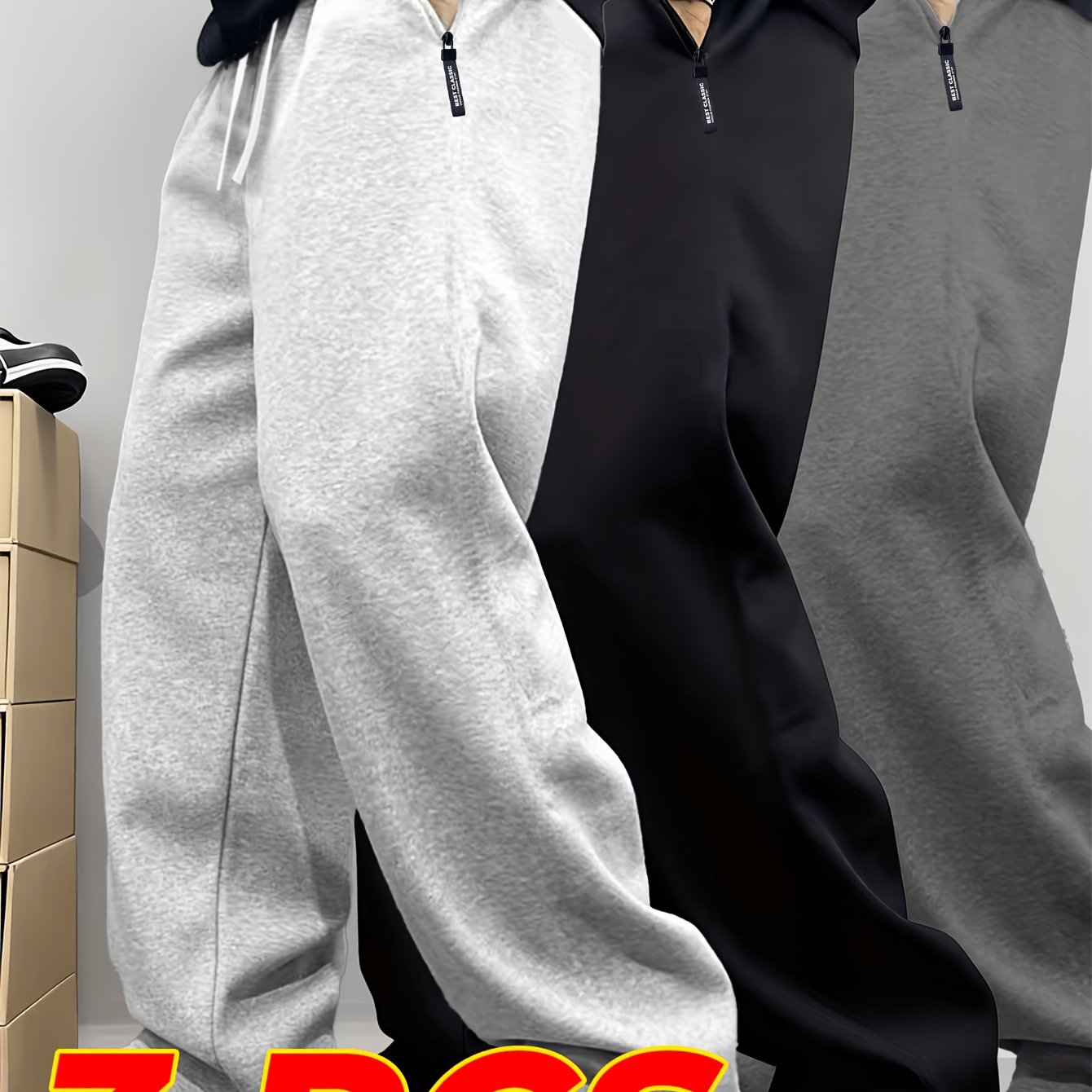 TEMU 3pcs Men's Casual Sports Pants | Elastic Waistband With Drawstring, Side Pockets, Non-stretch Fabric, Solid Color, Straight Leg, Suitable For