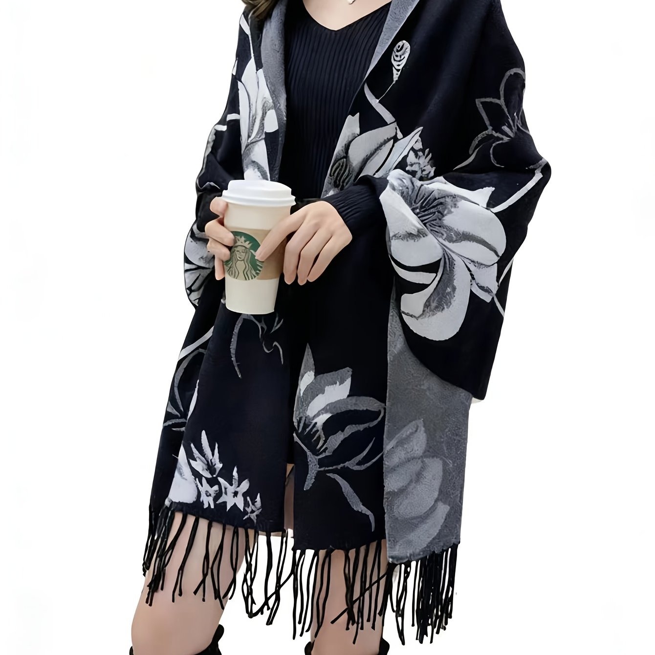 TEMU Plus Size - Plus Size - 2025 Neues Herbst Winter Cape Schal Damen Lockerer Schal Verdickter Mittellanger Quaste All-Match Jacquard Cape Mantel