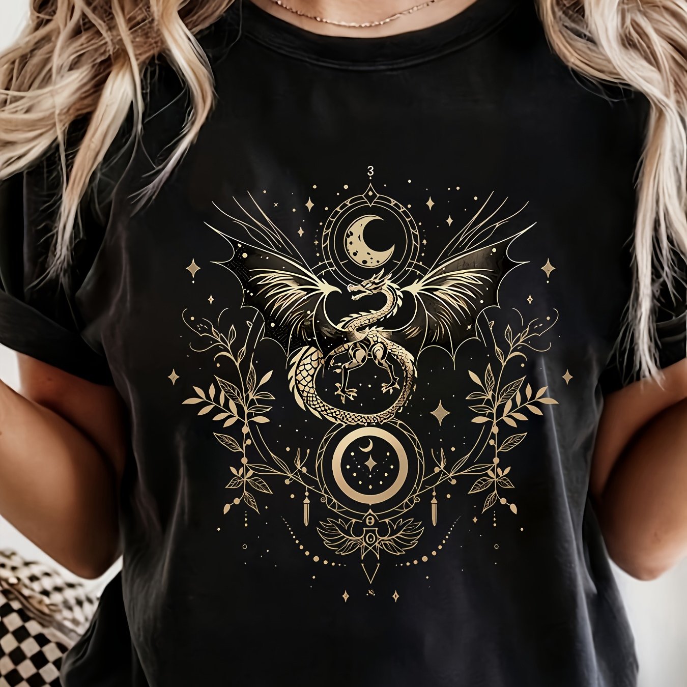 TEMU Plus Size - #008 Fashionable Trendy Creative Dragon Pattern Printed Versatile Fashionable Short Sleeve Top