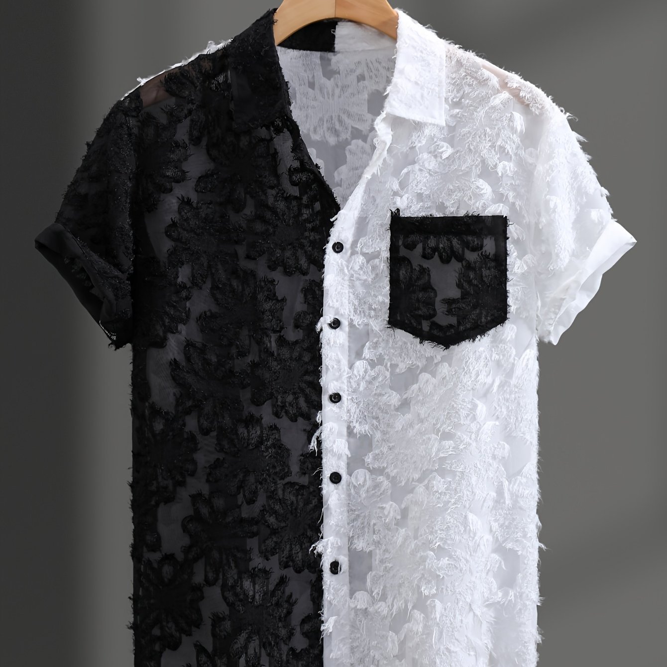 TEMU 【商品名】夏 ファッション メンズ シアー コンカラー 半袖シャツ、ストリート トレンド メンズ シャツ 半袖、ビーチ カジュアル ボタンアップ トップス、カットアウト レース、パッチワーク 、新しいファッションに