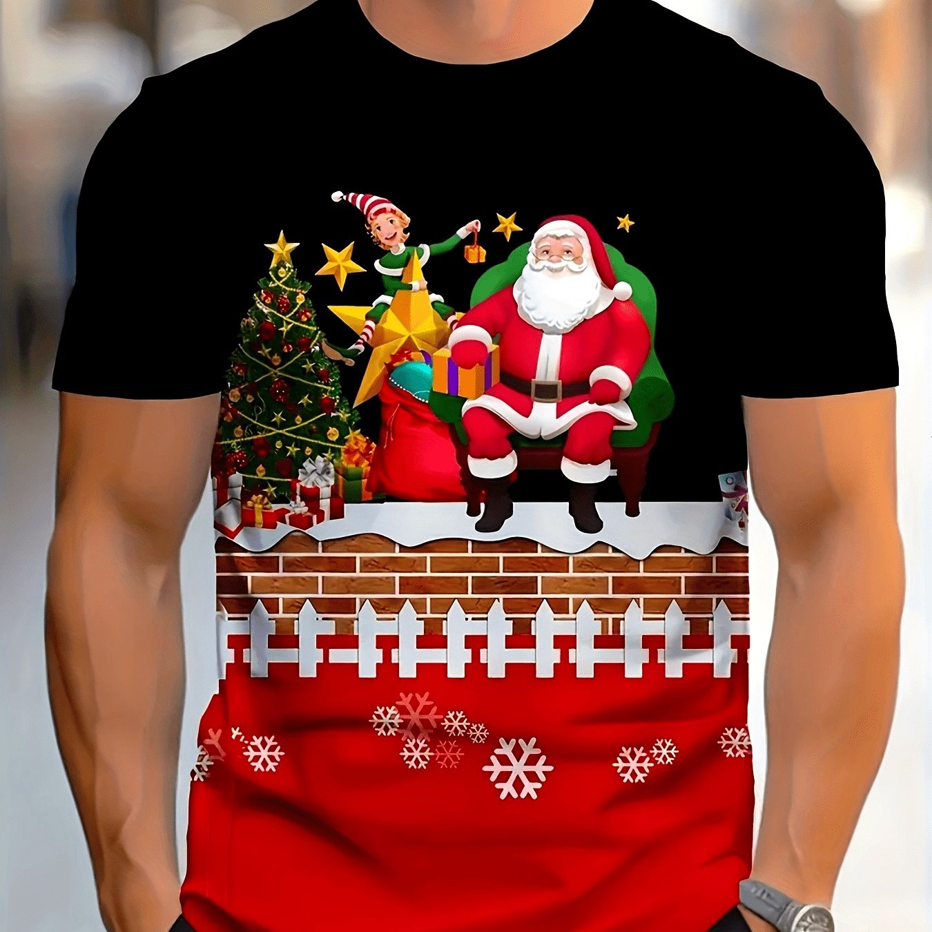 TEMU [printed Design - Non-textured] Men's Holiday Christmas Pattern T-shirt - Casual Short Sleeve, Polyester, Machine Washable, Round Neck