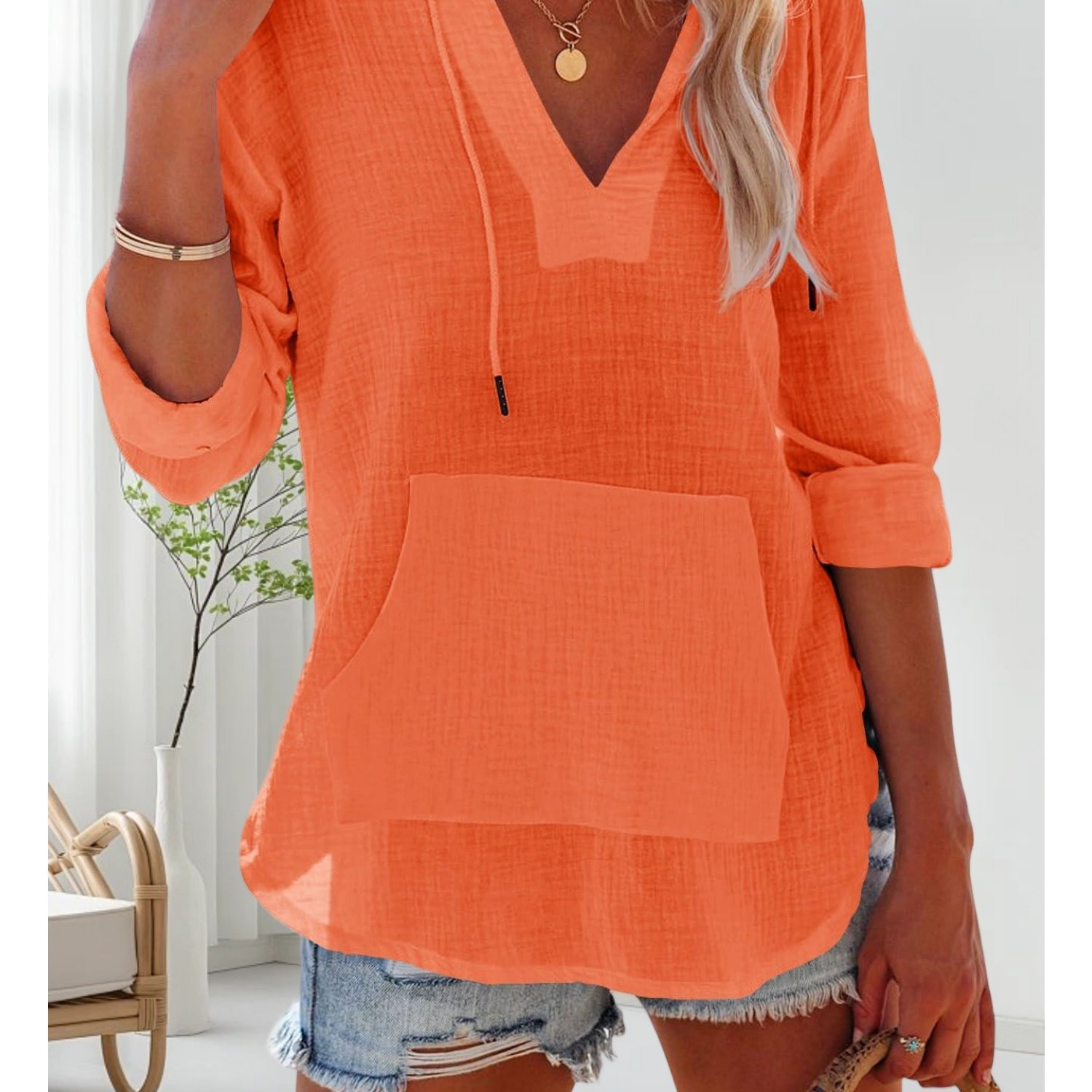 Image of Women's Beach Cover-up Hoodie Sweatshirt - Long-sleeve V-neck Hooded Top With Pockets