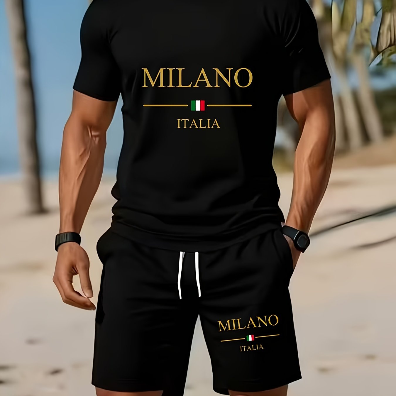TEMU Men's Short Sleeve T-shirt And Shorts Set With Letter Print, Fashionable For Men