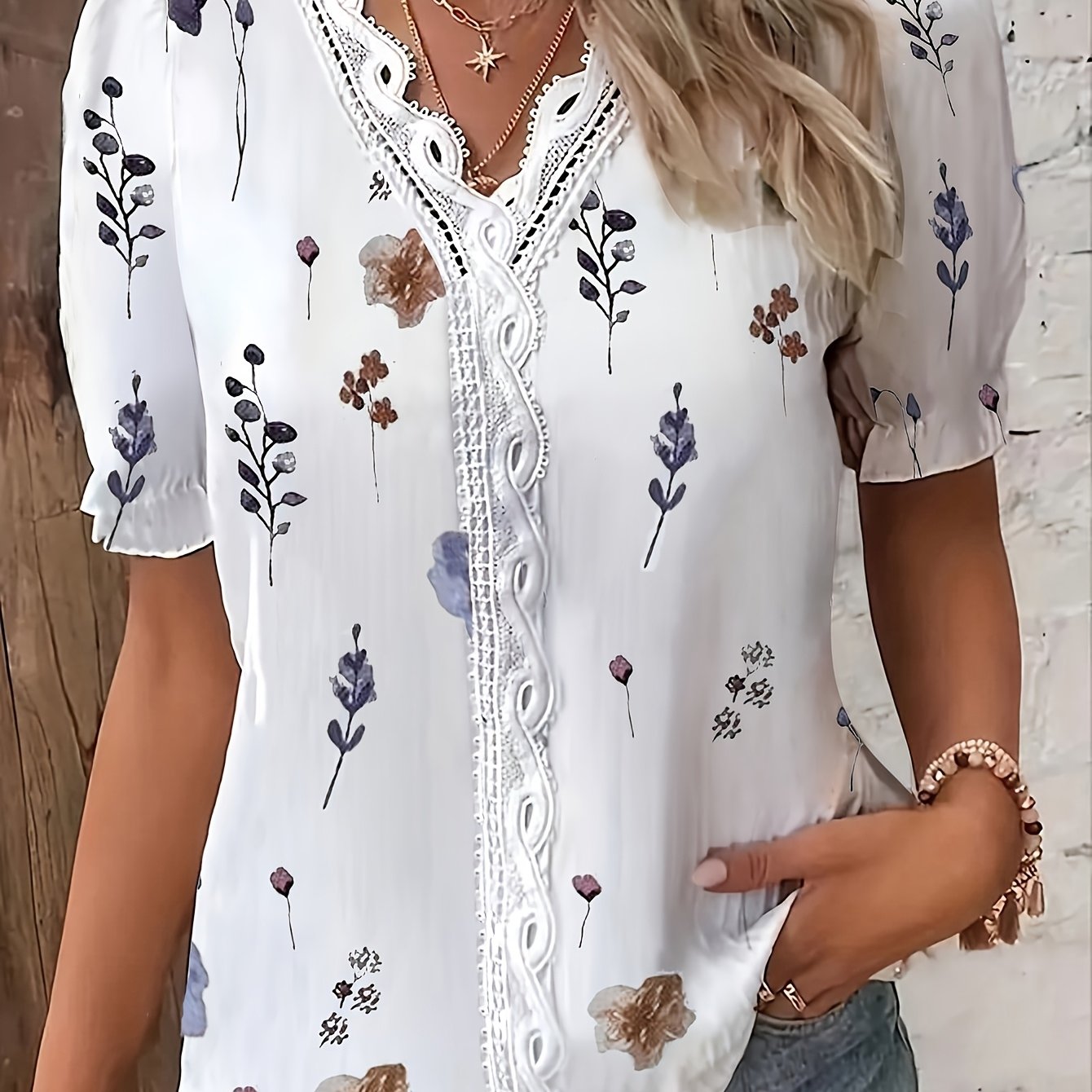 TEMU 2026 Women's Summer Casual Floral Print Lace Trim V-neck Blouse, Lantern Sleeve Short Sleeve Top, Crop Top
