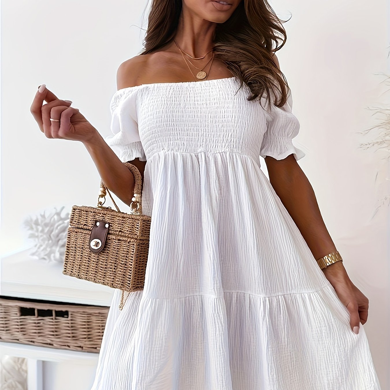 Image of Elegant Special Edition Women's Off-shoulder Short Sleeve Elastic Waist Loose Casual Vacation Dress
