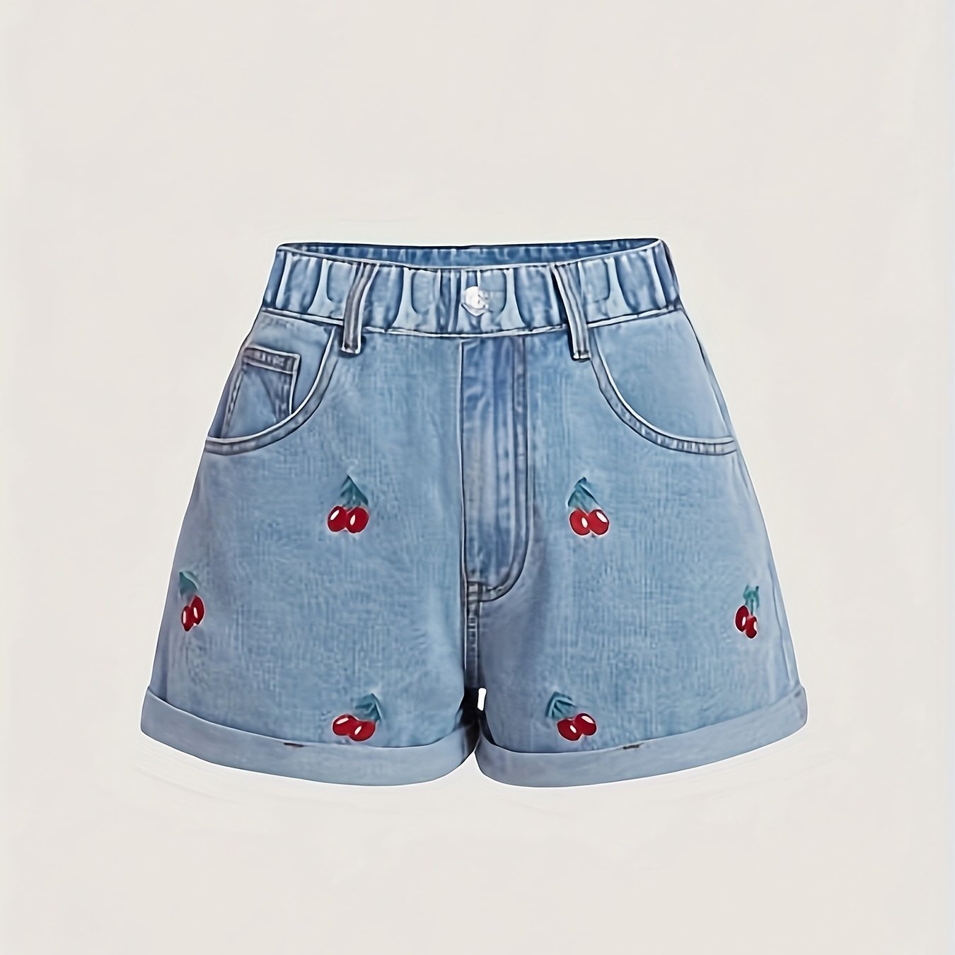 Image of Girls' Denim - Girls' Summer Embroidered Rolled-hem Denim Shorts, Small Cherry Embroidery, Sweet , Suitable For Children Aged 5-15, For Outdoor