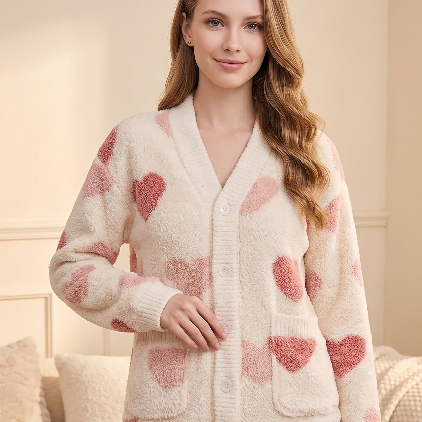 TEMU Robe d'automne-hiver en flanelle pour femmes, chaud, à manches longues, imprimé cœur, tissu pour , robe de nuit décontractée pour femmes, portée