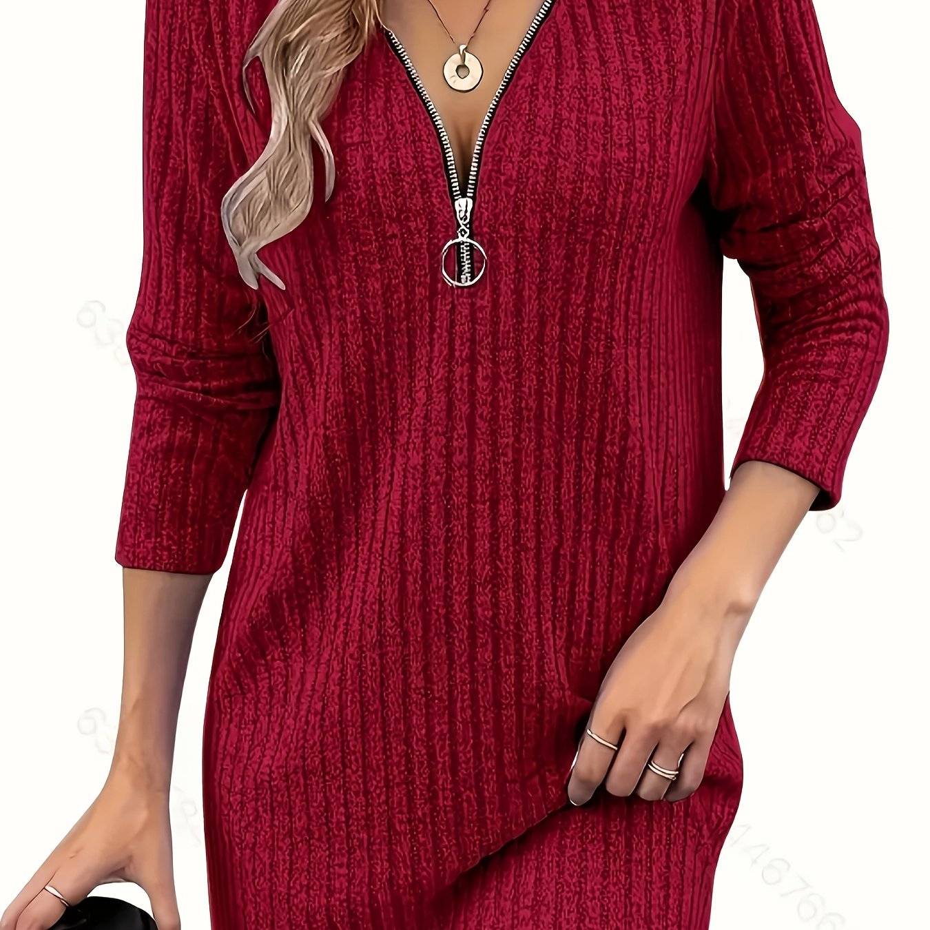 Plus Size - Plus Size - Elegant Solid Color V-neck Zipper Long Sleeve Dress