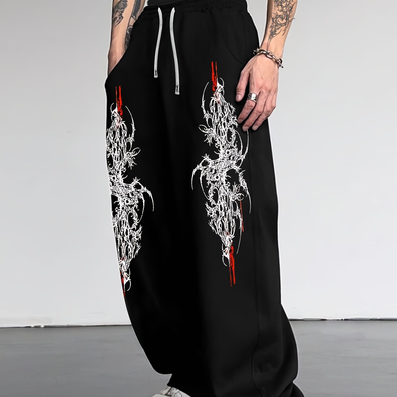 TEMU Original Gothic Tattoo Dark Style Men's Casual Athletic Loose Straight Long Trousers