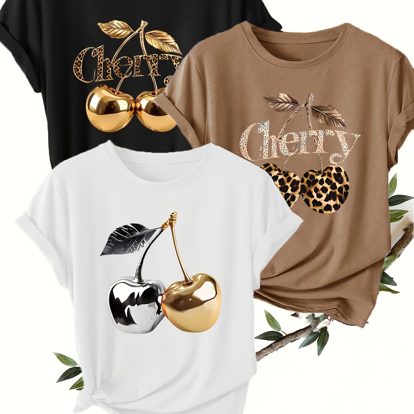 E-shop 3er-Pack Damen-T-Shirts mit Kurzarm Rundhalsausschnitt, Kirsch-Serie-Druckdesign, Lässig, Bequem Vielseitig, Maschinenwaschbar, Atmungsaktive
