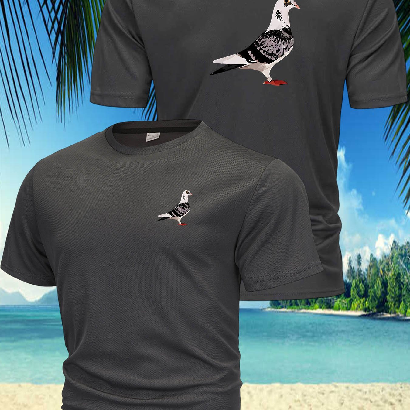 TEMU Men's Summer Pigeon Print T-shirt - Moisture-wicking Breathable Short Sleeve Crew Neck Tee With Pigeon Design, Regular Fit Suitable For Casual