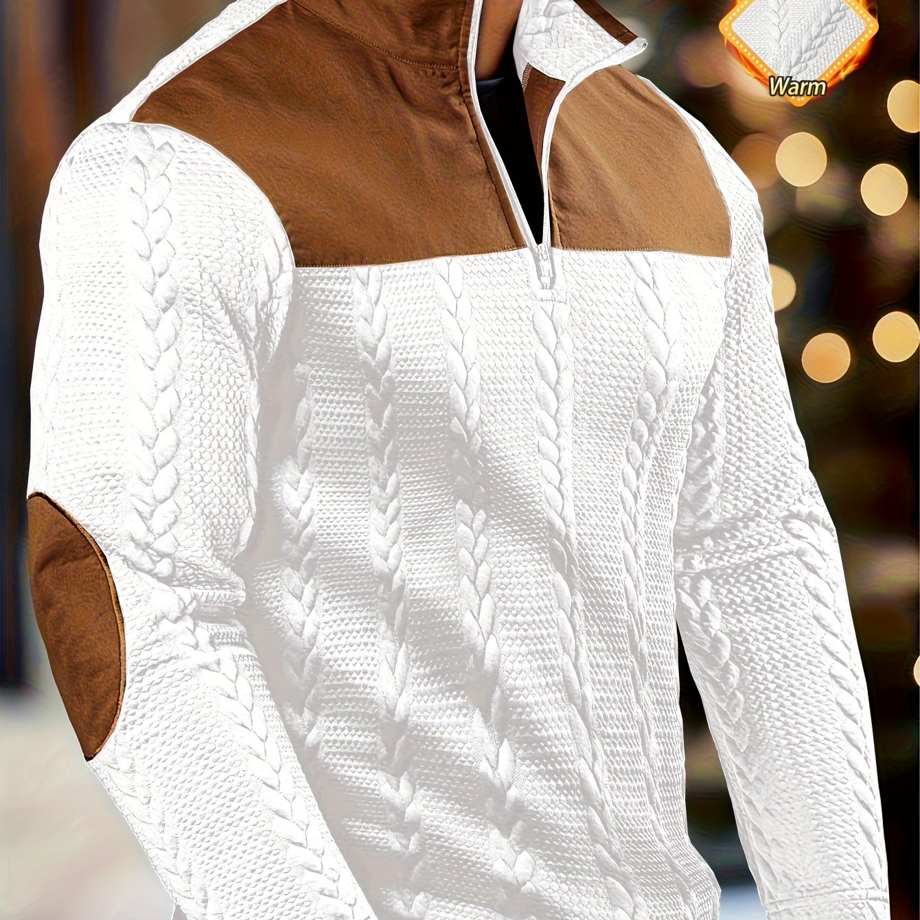 TEMU Men's Fashion Top, Autumn Winter Casual Wheat Texture Fabric Contrast Color Zipper Long Sleeve Men's Henley Shirt, Stand Collar, Cable Knit,