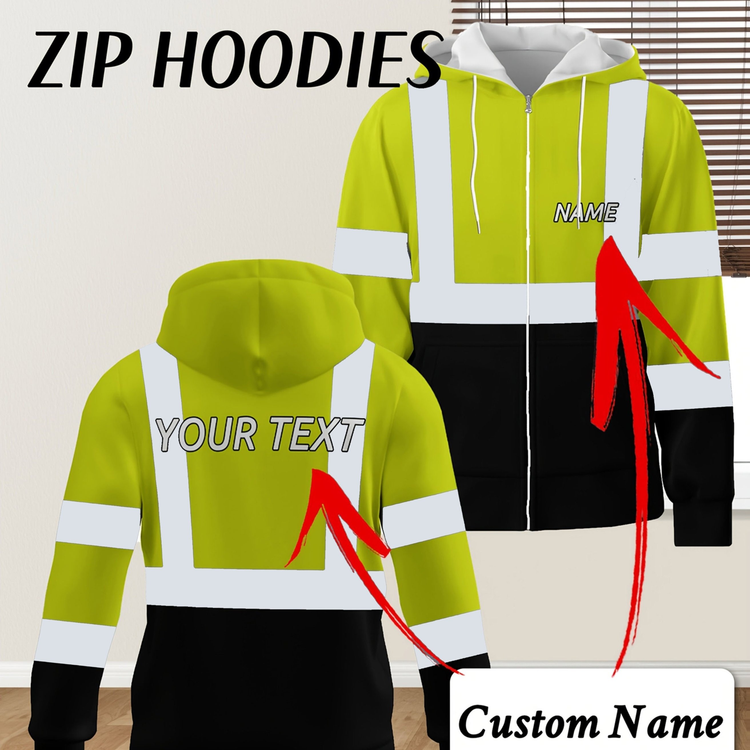 TEMU Custom Men's Plus Size Zip-up Hoodie, Customizable Front And Back Name Text Design, Yellow-green And Block - Suitable For Casual And Athletic
