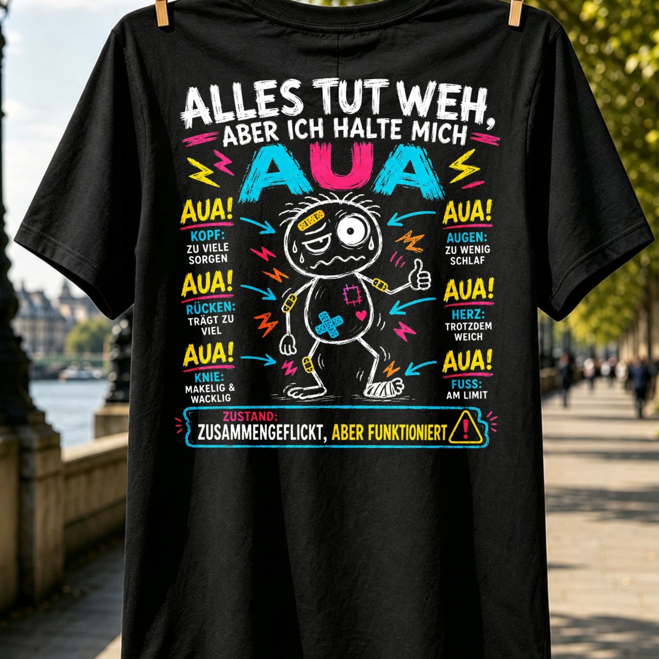 Alles Tut Weh Aber Ich Mich T-shirt Colorful Bandaged With Aua Pain And German Humor Unisex Back T-shirt