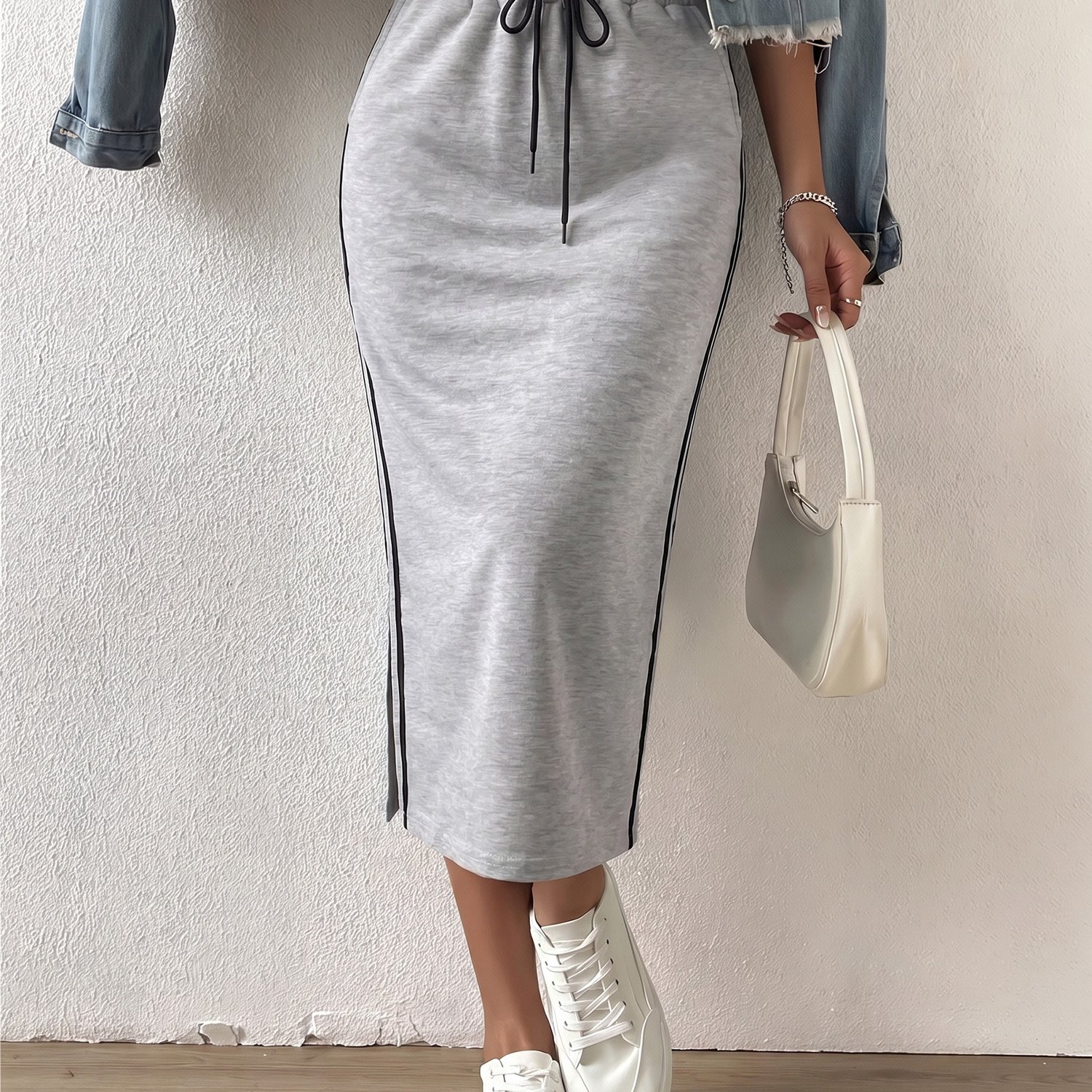 TEMU Women's Side Stripe Midi Skirt With High Waist Drawstring And Slit, Versatile Straight Cut Skirt