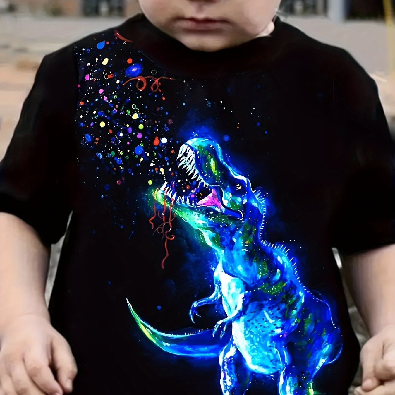 Image of Boys' Dinosaur T-shirt With Spray - Short Sleeve Round Neck Casual Top, Non- Suitable For, - Wear, Patterns For, & Everyday Outfits
