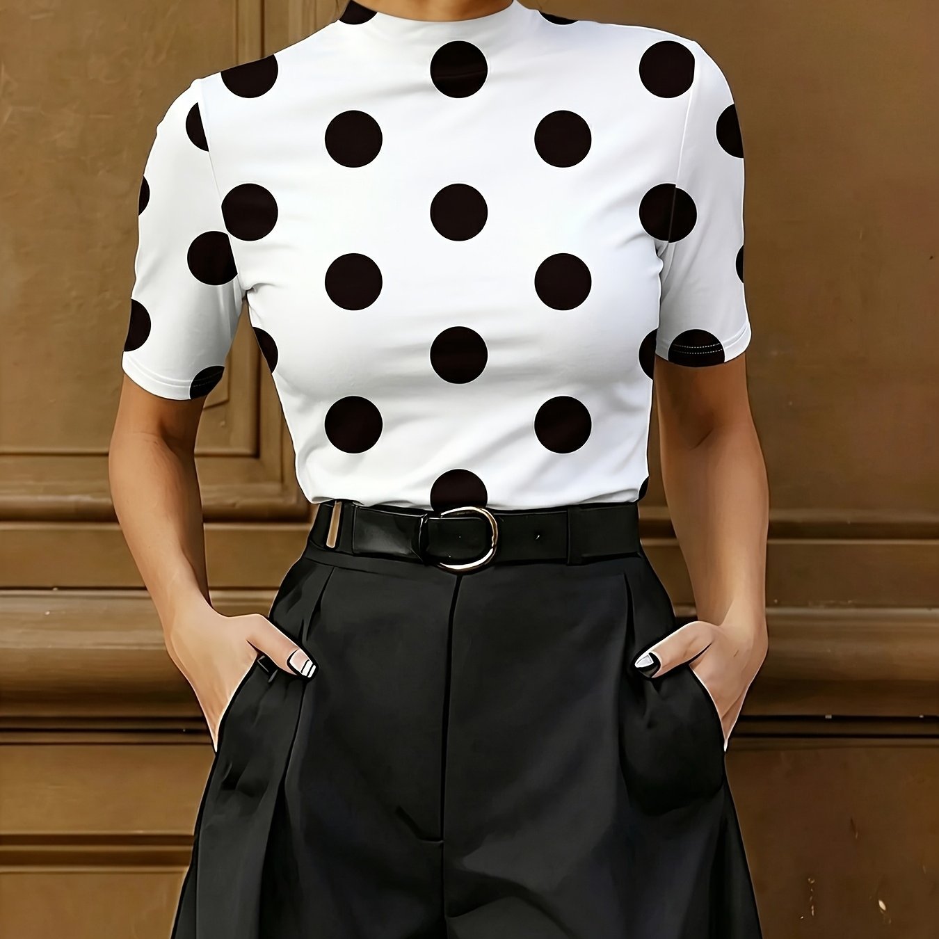 TEMU Women's Elegant Polka Dot Print Pullover Top, Elegant Print Style, Versatile, Spring/summer/autumn Fashion Style, Stylish Daily Wear, ,