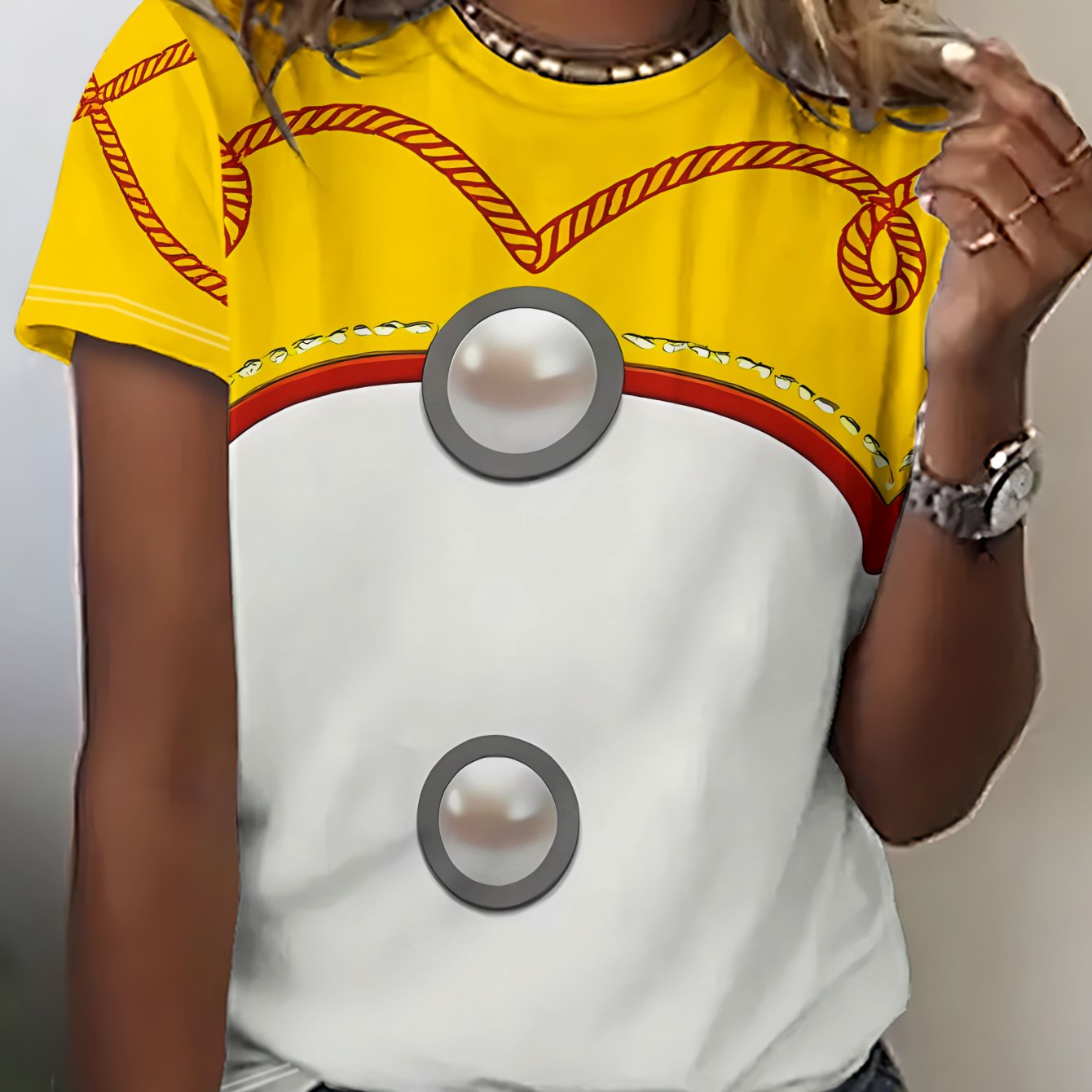 TEMU Women's Casual Short-sleeve T-shirt Featuring A Yellow Area With Rope Decoration And 2 Pearl- Patterns At . Machine Washable Women's T-shirt, A
