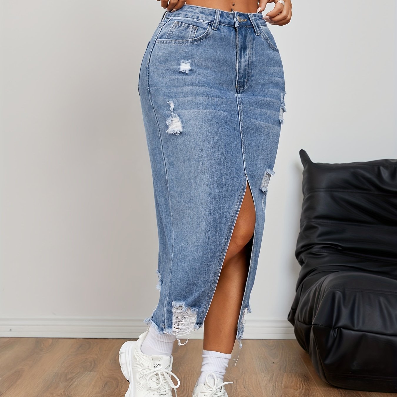 High-waist Side-slit Midi Skirt A-line Skirt Denim Skirt