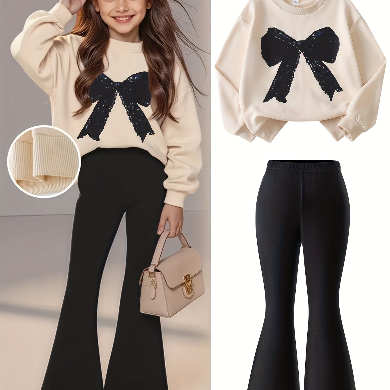E-shop Lässiges 2-teiliges Mädchen-Set, Langarm-T-Shirt mit Schleifenmuster und schwarze Schlaghose, geeignet für Herbst, Winter, für