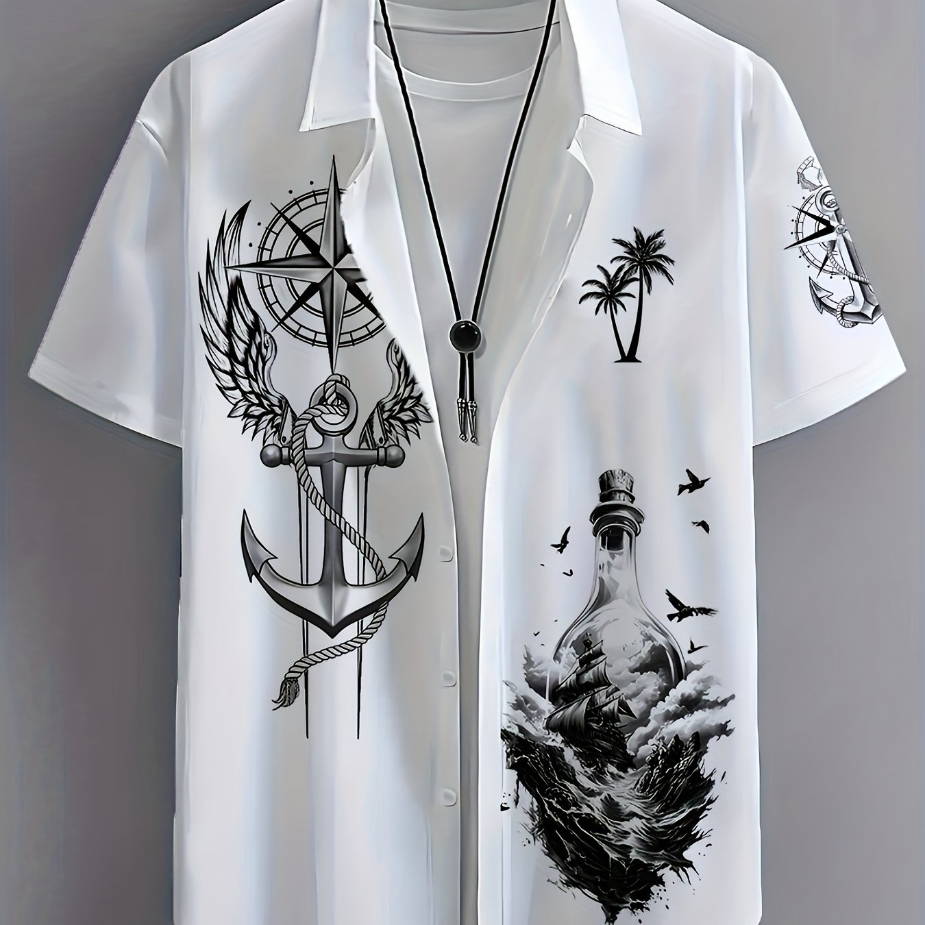 TEMU Men's Hawaiian Shirt Featuring Coconut Trees And Sailboats - Short-sleeved, Button-up, Made Of, Perfect For A Vibe