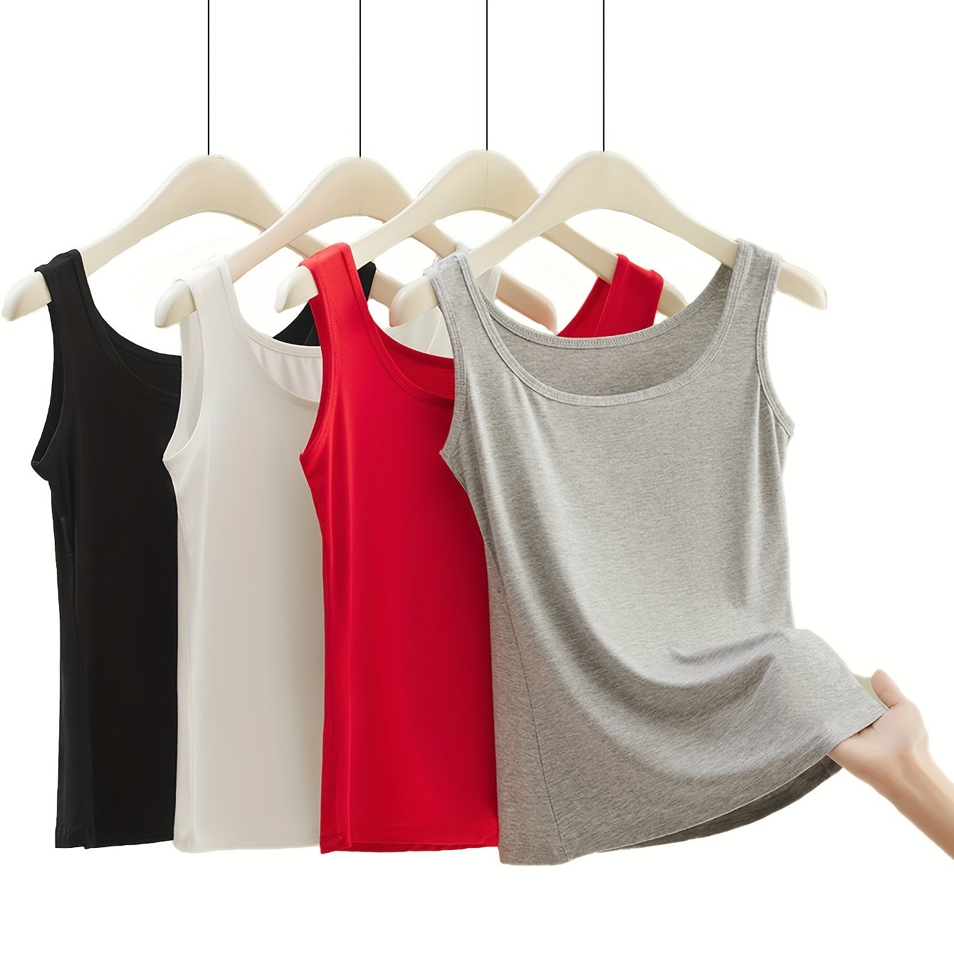 TEMU 4-pack Women's Soft Viscose Tank Tops - Stretchy Sleeveless Sleepwear & Loungewear, Comfortable Base Layer Black, Beige, White, Red, Casual