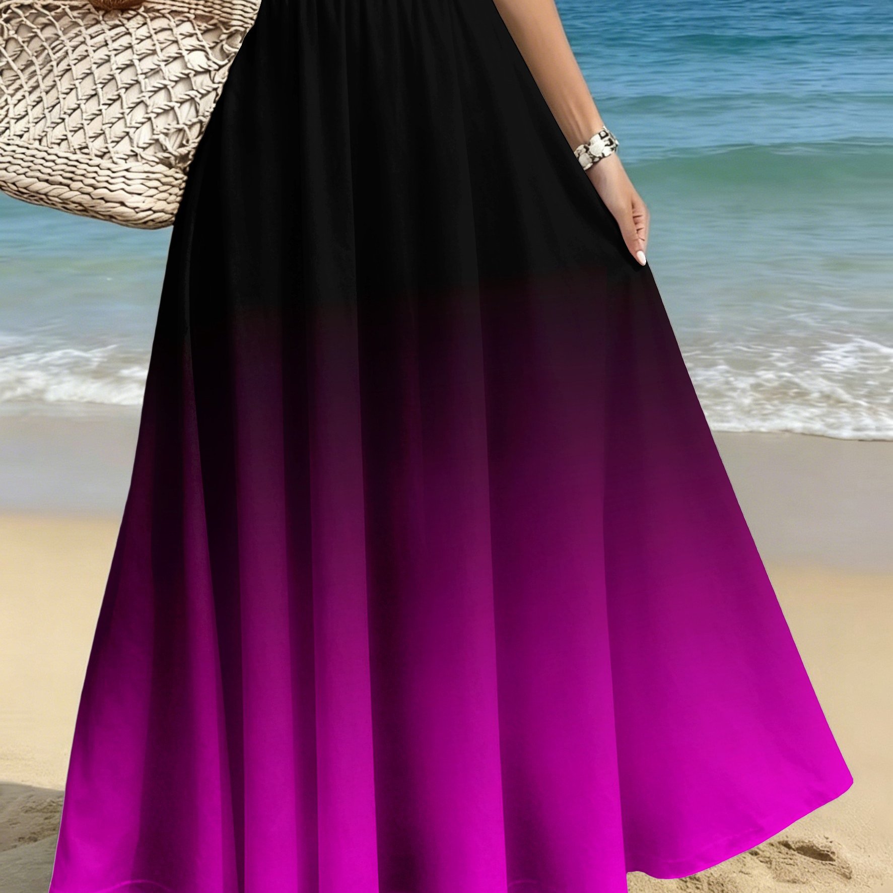 TEMU Women's Plus Size Elegant And Stylish Midi Skirt, Casual Printed Midi Dress, Black Gradient To Rose Red Background Print,