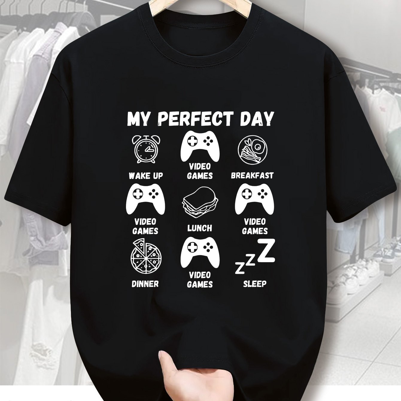 TEMU Men's " Day" Video Games & Food Icon T-shirt - Breathable Summer Casual Short Sleeve Tee With Video Game Characters & Meal Print, Round Neck