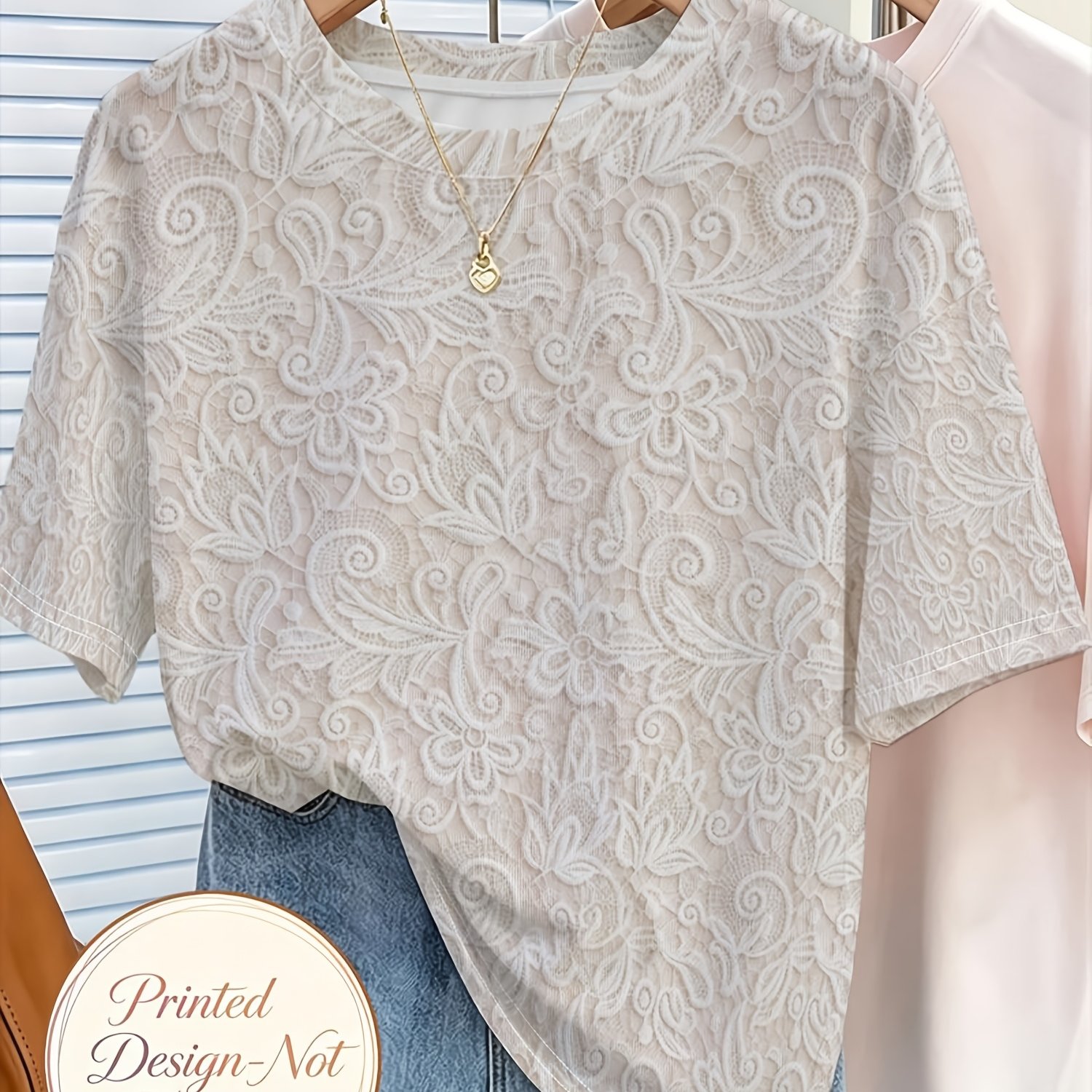 TEMU Plus Size Women's T-shirt, Mixed Colors, Multiple Sizes , Made Of (twill), With Delicate Lace Pattern, Elegant And Soft Texture, Suitable For