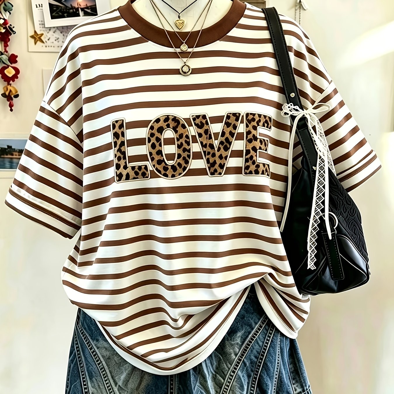 TEMU Brown And White Striped Women's Leopard Print "love" Graphic Round Neck Short Sleeve T-shirt, Slim-fit Flattering Sportswear, Fashionable And