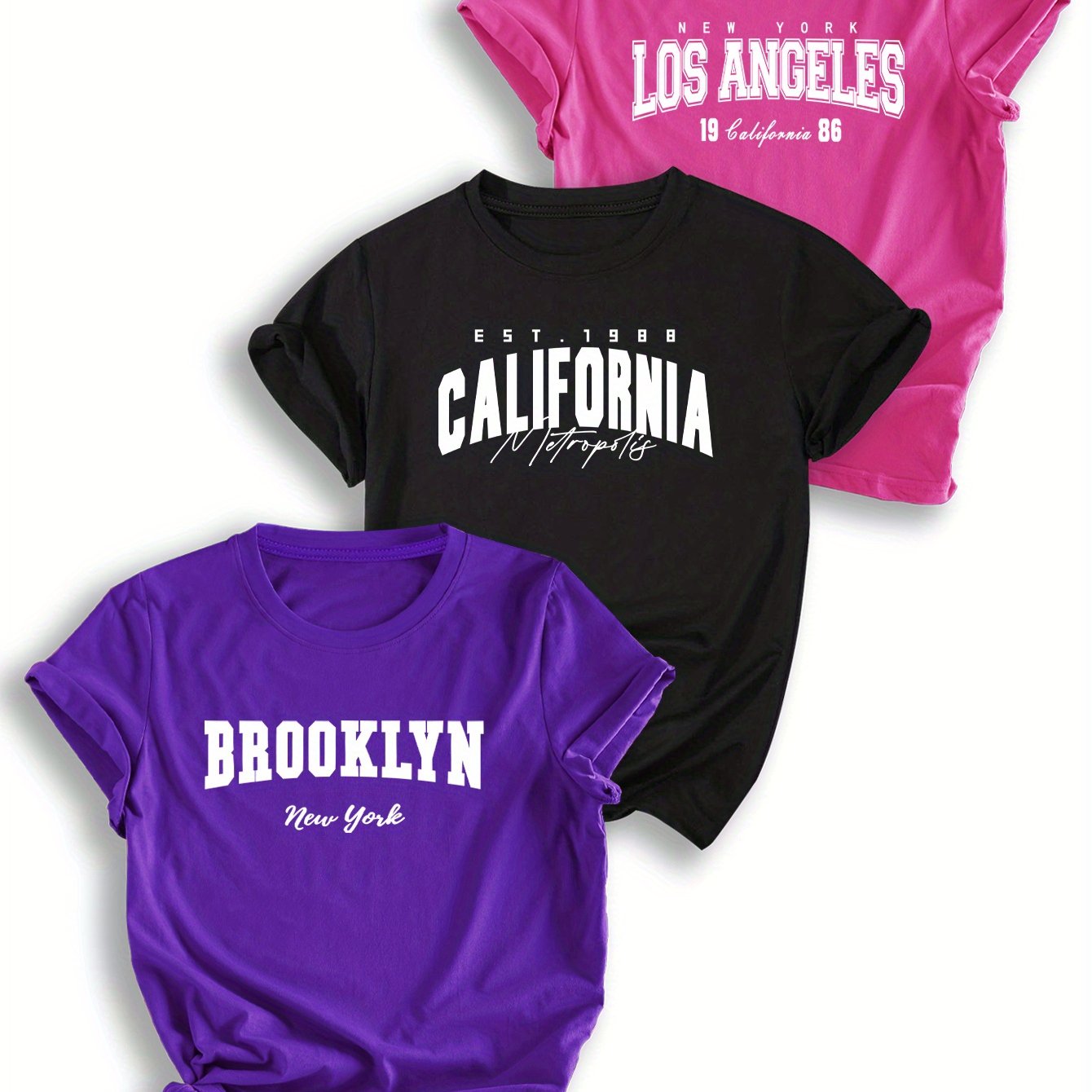 TEMU Set Of 3 Casual T-shirts With And Short Sleeves Featuring Names , California, And Los Angeles, In Multiple Colors For Women's Clothing