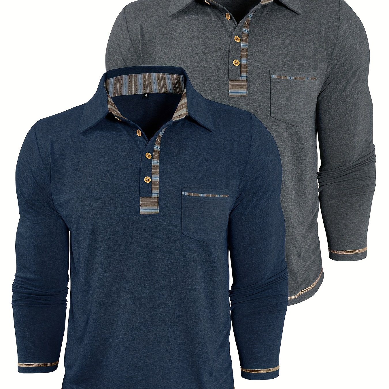 Image of Two- Size Men's Vintage Trendy Fashion Lapel Long Sleeve Shirts, Casual Fashion Pocket Top T-shirts, Plus Size